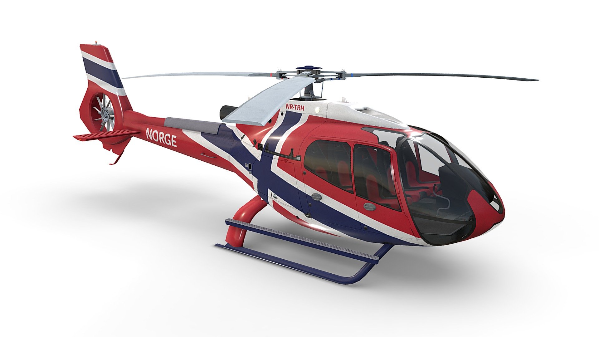Norge (Norway) Helicopter Airbus H130 Livery 27. Game ready, realtime optimized Airbus Helicopter H130 with high visual accuracy. Both PBR workflows ready native 4096 x 4096 px textures. Clean lowpoly mesh with 4 preconfigured level of details LOD0 19710 tris, LOD1 10462 tris, LOD2 7388 tris, LOD3 5990 tris. Properly placed rotors pivots for flawless rotations. Simple capsule built interior that fits perfectly the body. 100% human controlled triangulation. All parts 100% unwrapped non-overlapping. Made using blueprints in real world scale meters. Included are flawless files .max (native 3dsmax 2014), .fbx, and .obj. All LOD are exported seperately and together in each file format 3d model
