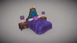 Lowpoly Bed bed, bedside, painted, lamps, lion, fancy, pillows, rococo, gilded, flatlit