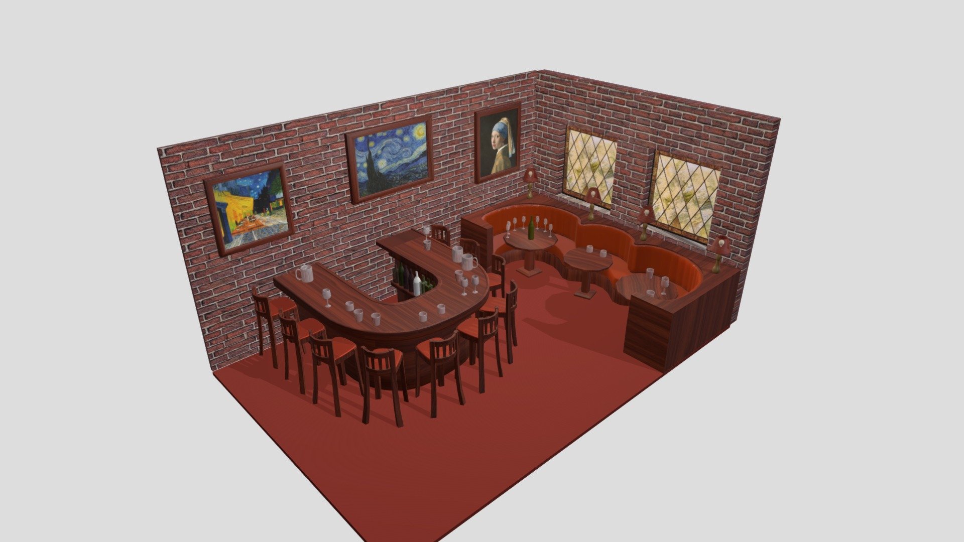 Loosely modeled after Nick's bar from the show New Girl. 

(there are a couple objects that I forgot to remove when exporting the file, so I made the material opacity on them 0%, but they're still technically there) 
(also I did not create most of the textures) - Classic Bar - Download Free 3D model by nasser3 3d model