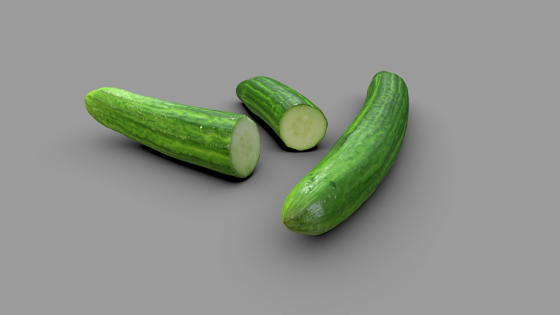A cucumber and the same cucumber cut in two pieces.

Processed with Metashape + Blender + Instant meshes 3d model