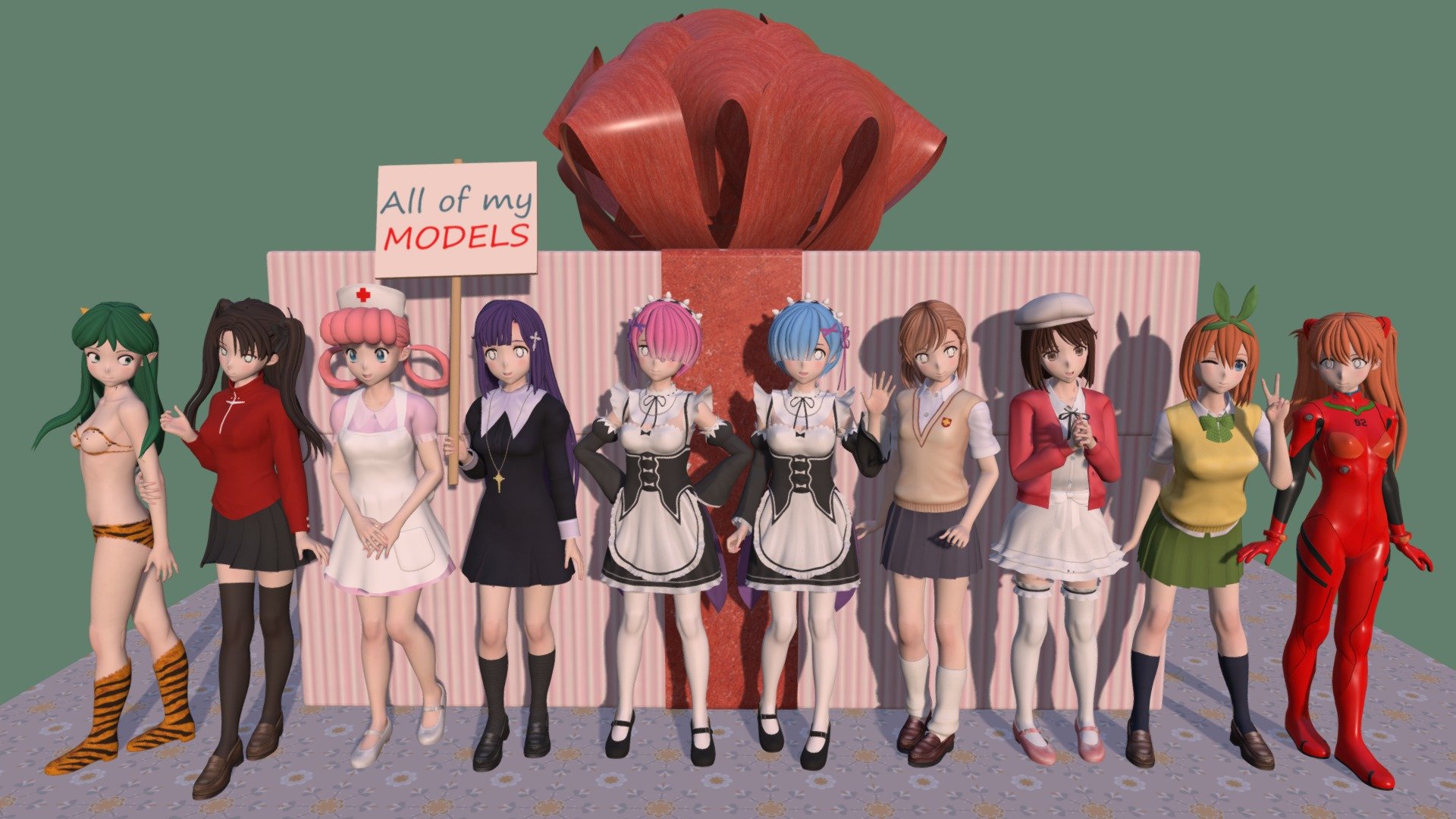 This product include all of my models (T-pose rigged and posed models) which have been published on Sketchfab.

These models are based on famous female characters from various Japanese anime series. There are over 40 characters and over 100 models currently.

It will save you huge cost compared to buying the models separately.

This product will be updated when I publish new models. After purchasing it, you can get any of my lastest models in future. 

Please see details of each model in my two collections:

&mdash; Rigged models collection

&mdash; Posed models collection

If you have any questions, please leave a comment or contact me via my email 3d.eden.project@gmail.com 3d model