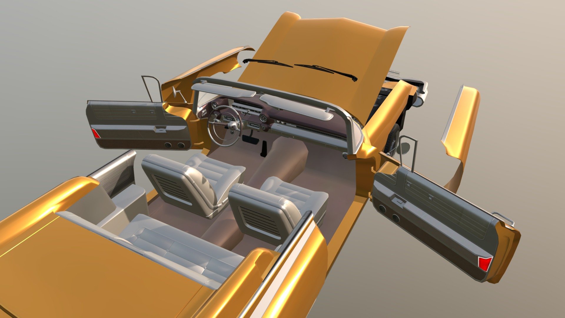 Package Contains a Beautiful Car model with fully textured Good Quality Interior and open-able doors, Bonnet, Boot etc. Ready to use in Your game. This model has 4 LODs and using Atlas Texture so it can be used for PC and mobile projects.
Perfect for any Games like Third-Person Games, First-Person Games, Car Destruction Games or any other Car Games. 

Our Real Car 9 and Real Car 9 Separated parts are same models.

LOD Details: 

-LOD0: 43907 tris 
-LOD1: 23930 tris 
-LOD2: 9119 tris 
-LOD3: 72 tris 




Materials using PBR Unity Standard shader. Albedo, metallic, smoothness, normal and occlusion textures included. 

Car only using one single Atlas PBR Texture.

Car using Four Materials Paint,Interior,Glass,Mirror.

Emissive texture for lights included. 

Model is properly scaled and aligned along Z-axis. 

Fully textured Good Quality Interior and Exterior.

Separated four wheels,

Separated steering wheel and dashboard pointers. 

Separated glasses,Doors,Front and Back Bumper,Bonnet and Boot.
 - Real Car 9 Separated Parts - 3D model by Maker Games Studios (@MakerGamesStudios) 3d model
