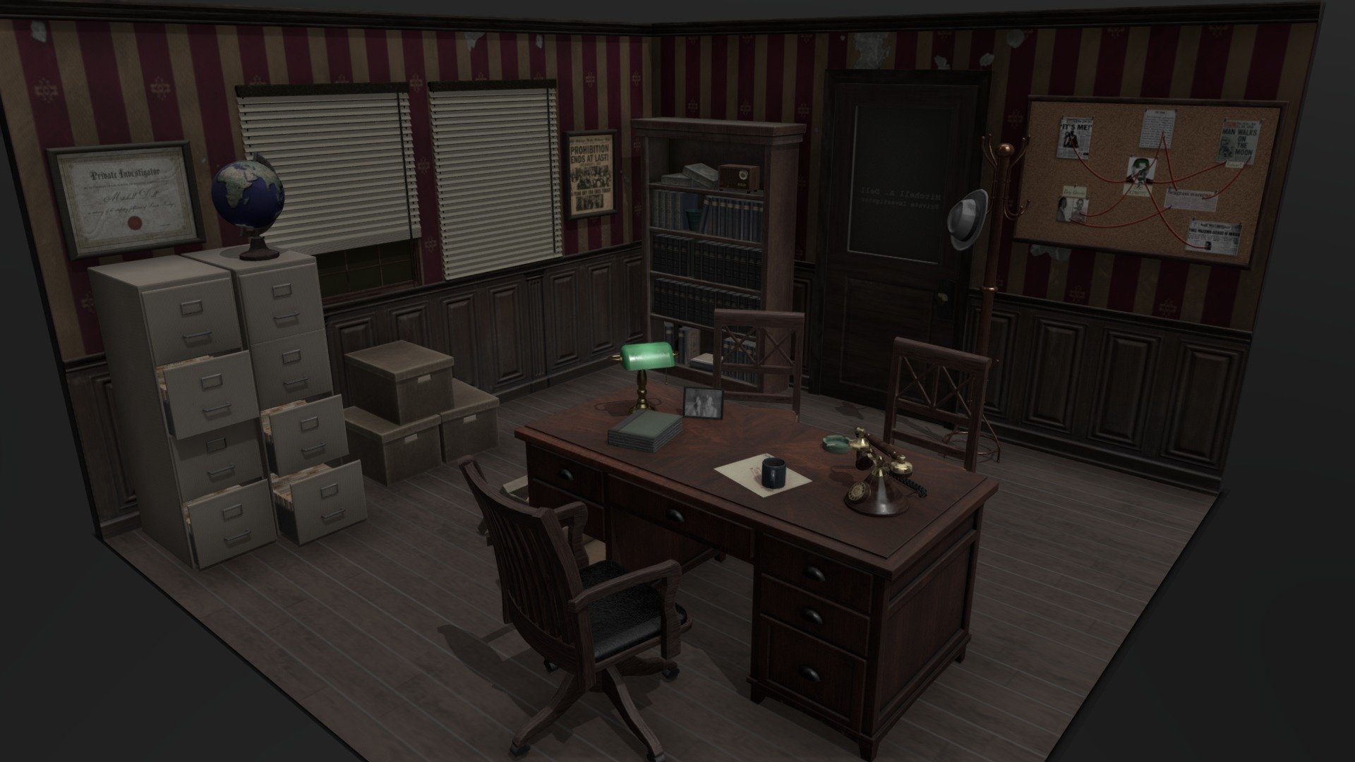 Created a scene based on a private investigator's office in the mid 40s.

Modeled in Maya
Textured in Substance Painter - Noir Office - 3D model by dellmitch 3d model