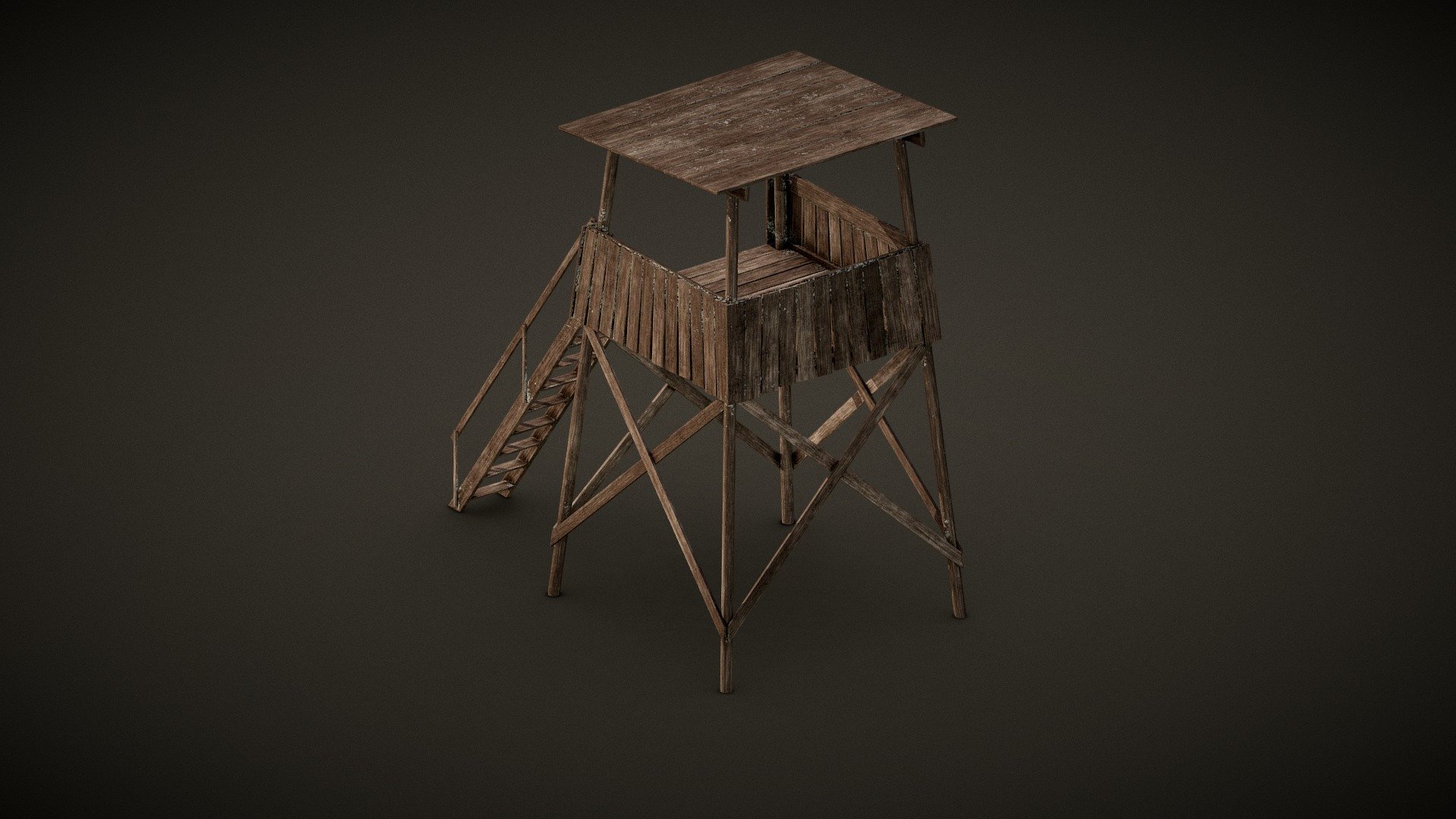 German watch tower from the Auschwitz concentration camp.

Fully opaque model consists of 960 vertices or 1,536 tris. Tower is 4.5 units tall.

One material and three 2,048x2,048 PNG textures are supplied:




Albedo

Occlusion + Roughness + Metallic

Normal (Y+ Up)

Modeled in Blender 2.91 and textured using Substance Painter 2019 3d model