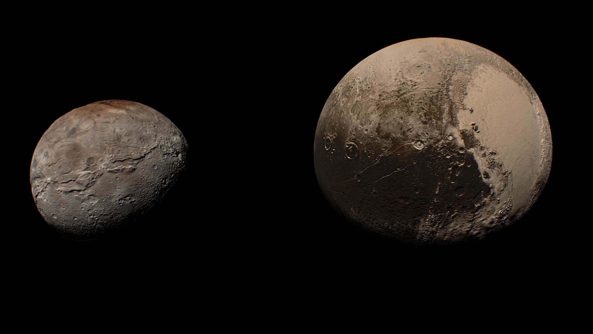 3d globes of the dwarf planet Pluto and its moon Charon.

These globes show the side of Pluto and Charon that were mapped in high resolution by the New Horizons probe and include realistically scaled 3d height details. The relative scale between the two bodies is shown accurately though the distance between them is not 3d model