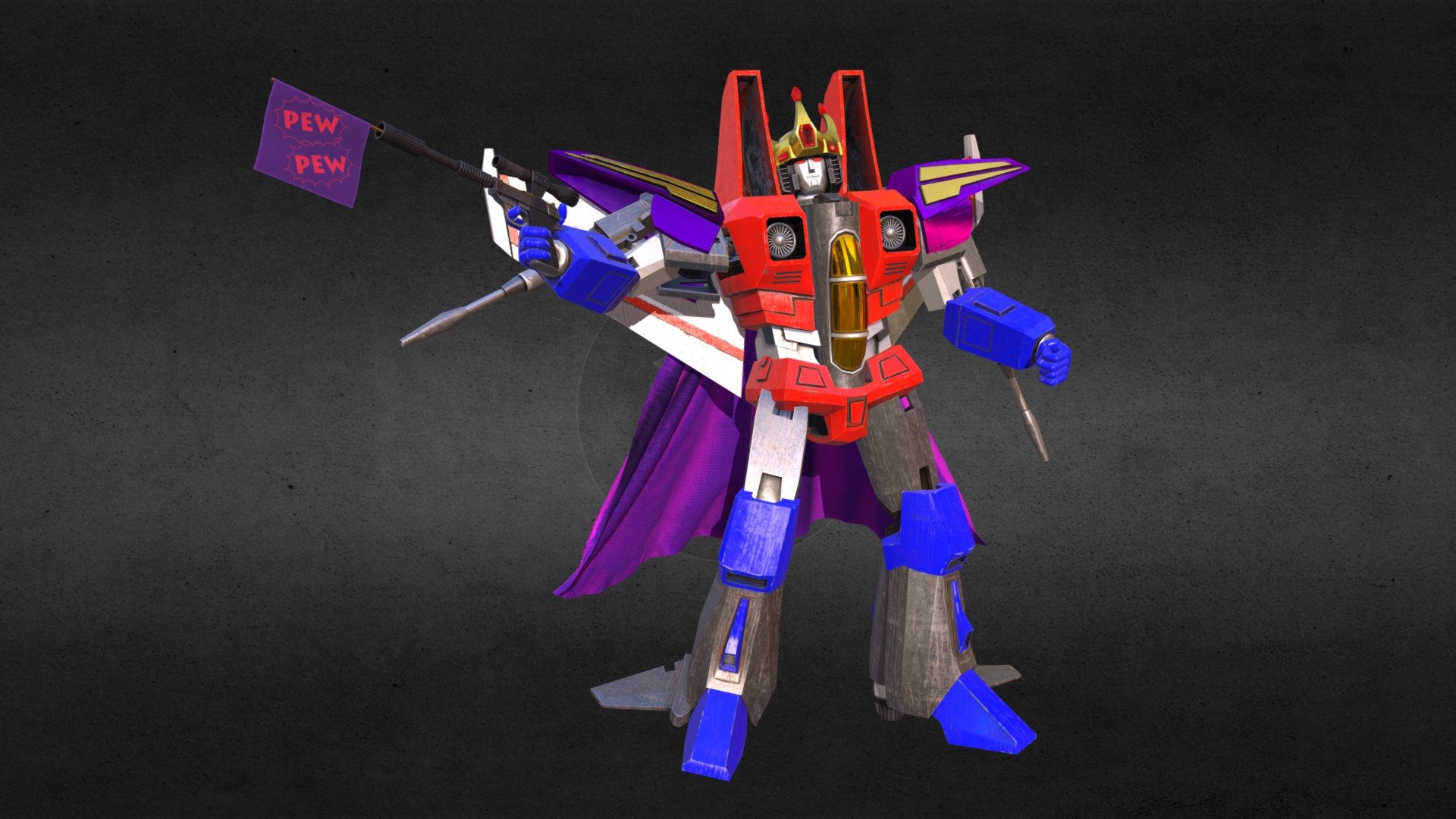 Starscream wearing his corronation outfit from the original movie and waving around a toy gun version of Megatron made as an example for my students. I used various references for modling him, including Brad Groatman's mode here on Sketchfab (https://sketchfab.com/3d-models/starscream-3e5862f765cb4328936e737faa6530f2), Ken Christiansen's concept art (http://kenchristiansen.com/#/transformers-video-games-concept-art/), and various versions depicted across the many toy lines 3d model