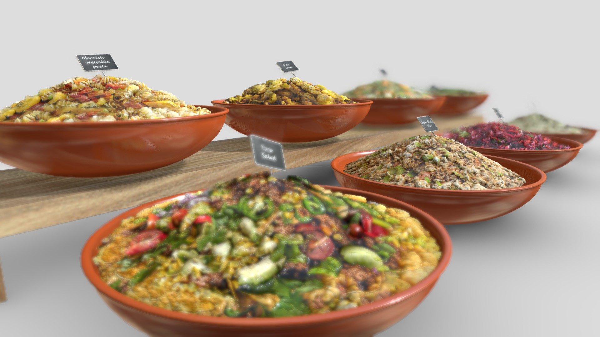 A display of varied salads to put in a salad bar, in a restaurant, in self-service food in hotel or reception renderings.
this model includes eight food trays:
- Beet salad.
- Cajun Dirty Rice Salad
- Fried potatoes
- Lettuce salad
- couscous
- Taco salad
- Salad macedoine
- Moorish vegetable pasta 3d model
