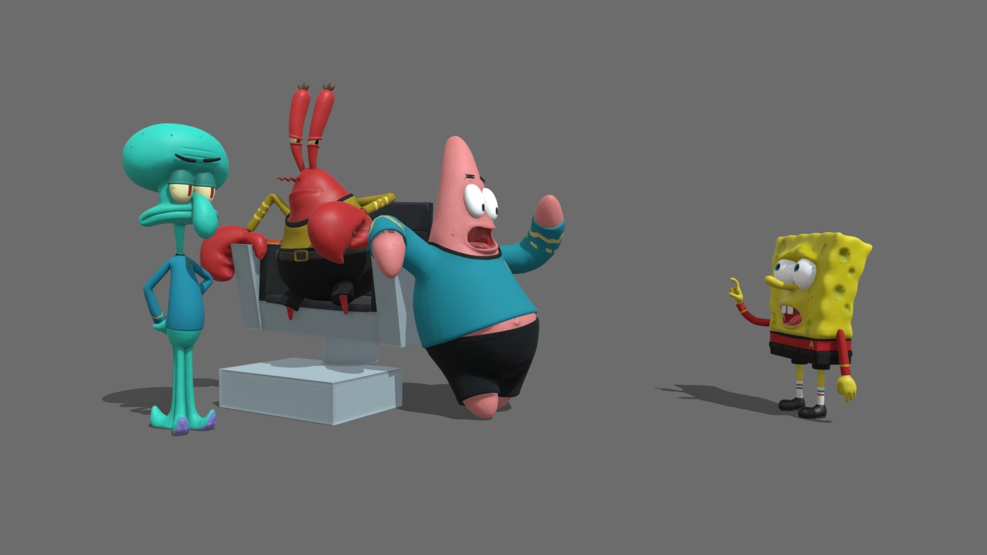I wanted to try modeling something really cartoony for once for more experimentation, but wasn't sure exactly what. Then one of my friends gave me an idea for a crossover of spongebob and star trek. It sounded really cool, and this was the result from that idea.
Modeled with Zbrush and Maya. Textured with Substance Painter 3d model