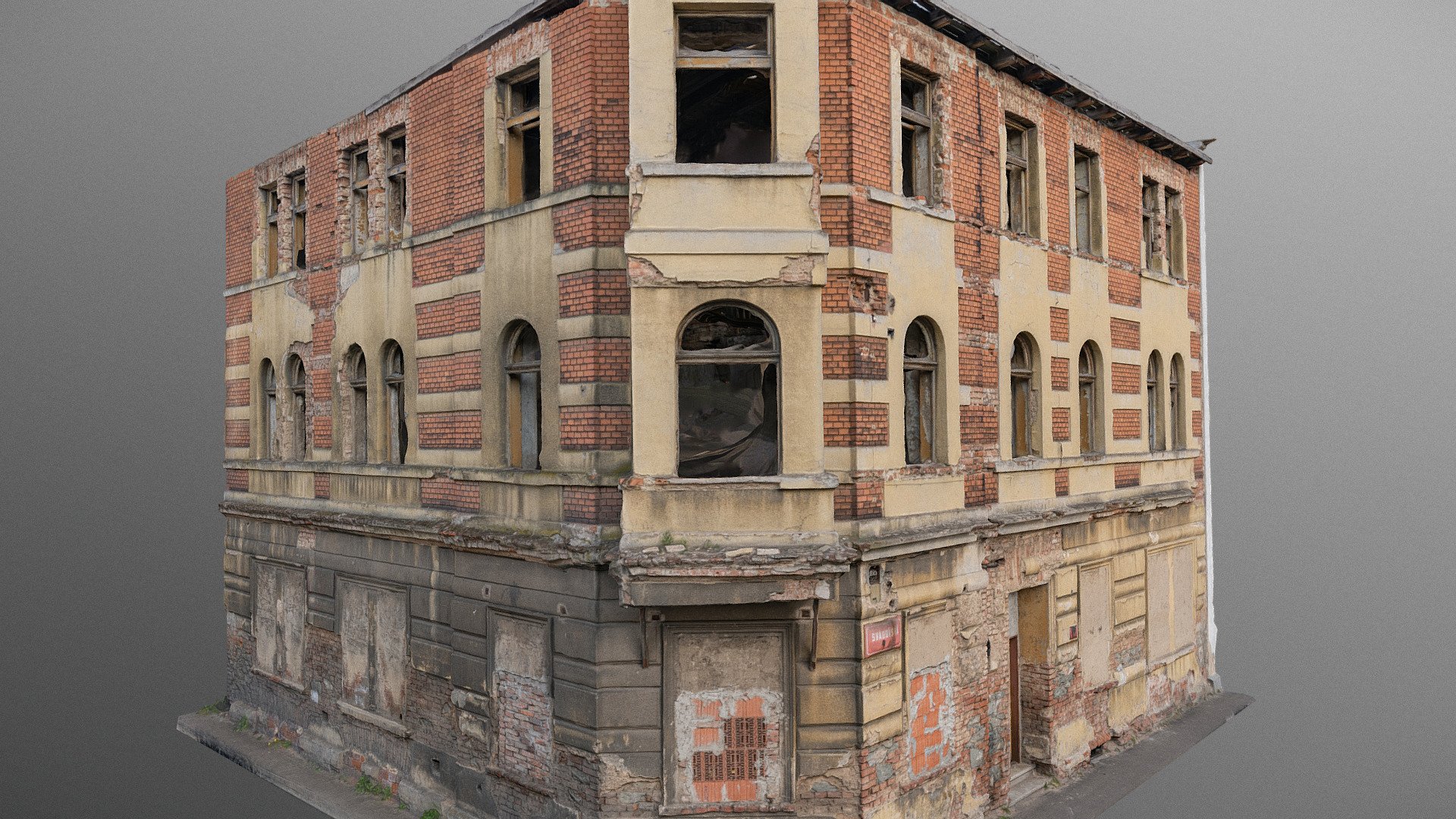 Historic old Early 20th century moorsih style decorated brick ruined derelict abandoned apartment house building facade scene 3D model - Pekařská 215 street

photogrammetry scan (350x36MP), 5x8K texture +HD normals (as additional .zip) - contact me for source photos or re-exports

impossible to get proper shot from back sadly, left side darker becasue of the dirt from nearby main road - Decorated moorish house ruin - Buy Royalty Free 3D model by matousekfoto 3d model