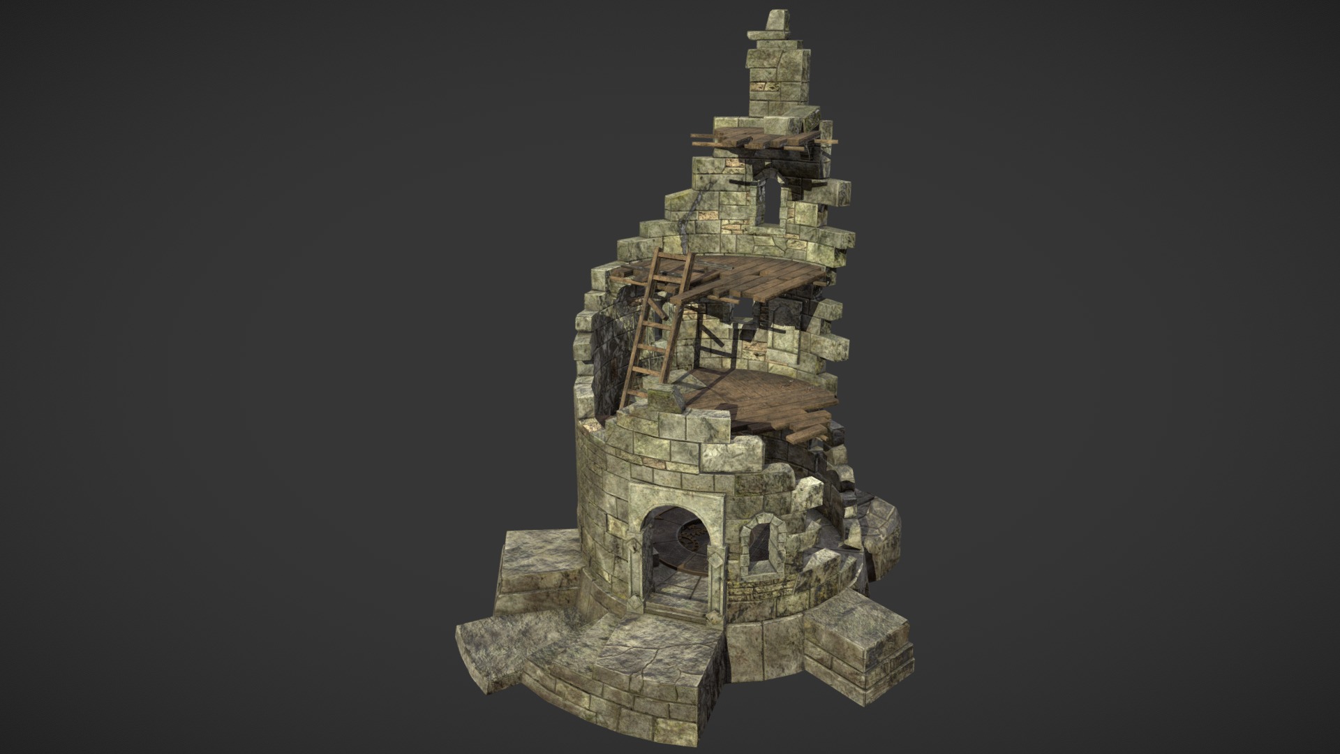 This tower has long since been abandoned by its former occupants and lies in ruin. I used the Warhammer 40k models Witchfate Tor and Dreadstone Blight as my main references for the design of the tower. I started this model in Maya, blocking in all the shapes. Then I moved to ZBrush and sculpted in detail. In hindsight, I wish I had made this a more modular blockout because I ran out of time sculpting each individual piece. After I had sculpted enough to finish baking my Game Res mesh I moved to texturing in Substance Painter. It took a bit of time to get my UV's laid out well enough to have the resolution I wanted, and I ended up going from 1 texture set to 2 in order to achieve the level of detail I wanted. I've learned a lot from this project and I look forward to applying what I have learned in future projects 3d model
