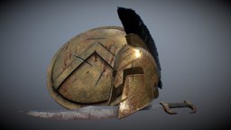 Spartan sword, shield, helmet. 