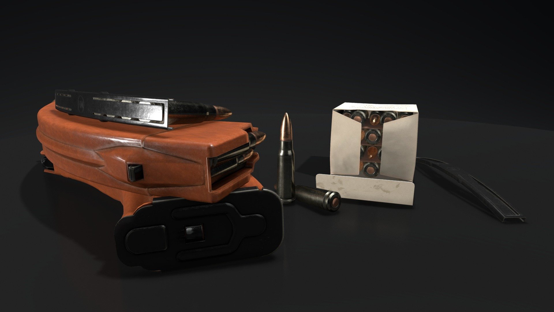 A small collection of hard surface props for the 7.62x39mm ammo and related accesories, like a stripper clip, ammo box and a bakelite magazine 3d model