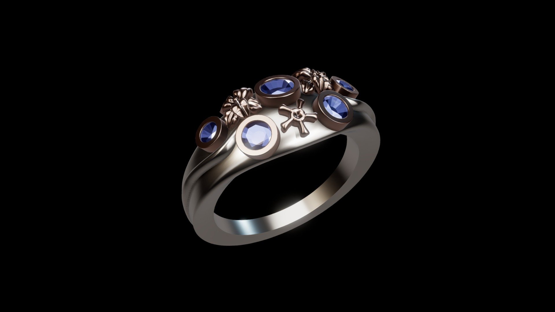 This is the wedding ring I designed for my wife for our wedding last year. I modelled this in Cinema 4D and Blender. It 3D printed in wax, cast in rose gold and white gold and put together, and sapphire stones set by a professional jeweller. It was stressful, but fun to create and I'm very happy with how it turned out 3d model