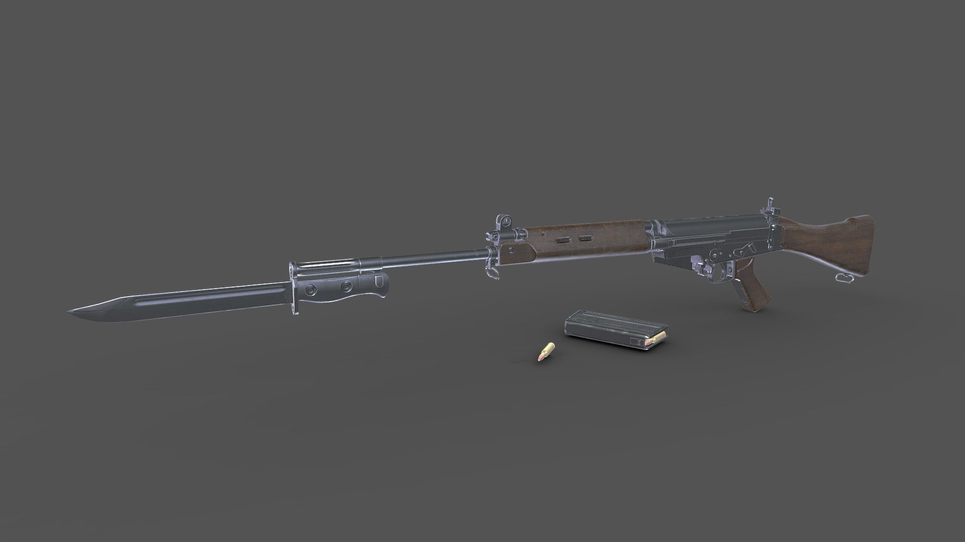 L1A1 Self-Loading Rifle




Low-poly ready to use in AR/VR Games (14,200 tris).

separate objects for animation.

textures are in PNG format 4096x4096 PBR metalness 1 set.

File Units: Centimeter.

Available formats: MAX 2018 and 2015, OBJ, MTL, FBX.

If you need any other file format you can always request it.

All formats include materials and textures.
 - L1A1 Self-Loading Rifle - Buy Royalty Free 3D model by MaX3Dd 3d model