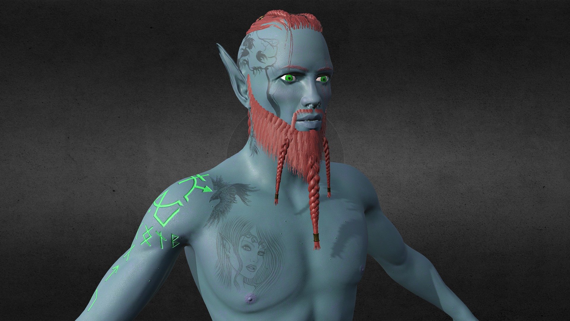 Main character for a game I want to make, just finished the character and hair, working on the first outfit next - Kitzo character with braid and beard - 3D model by TannerVanBurton 3d model