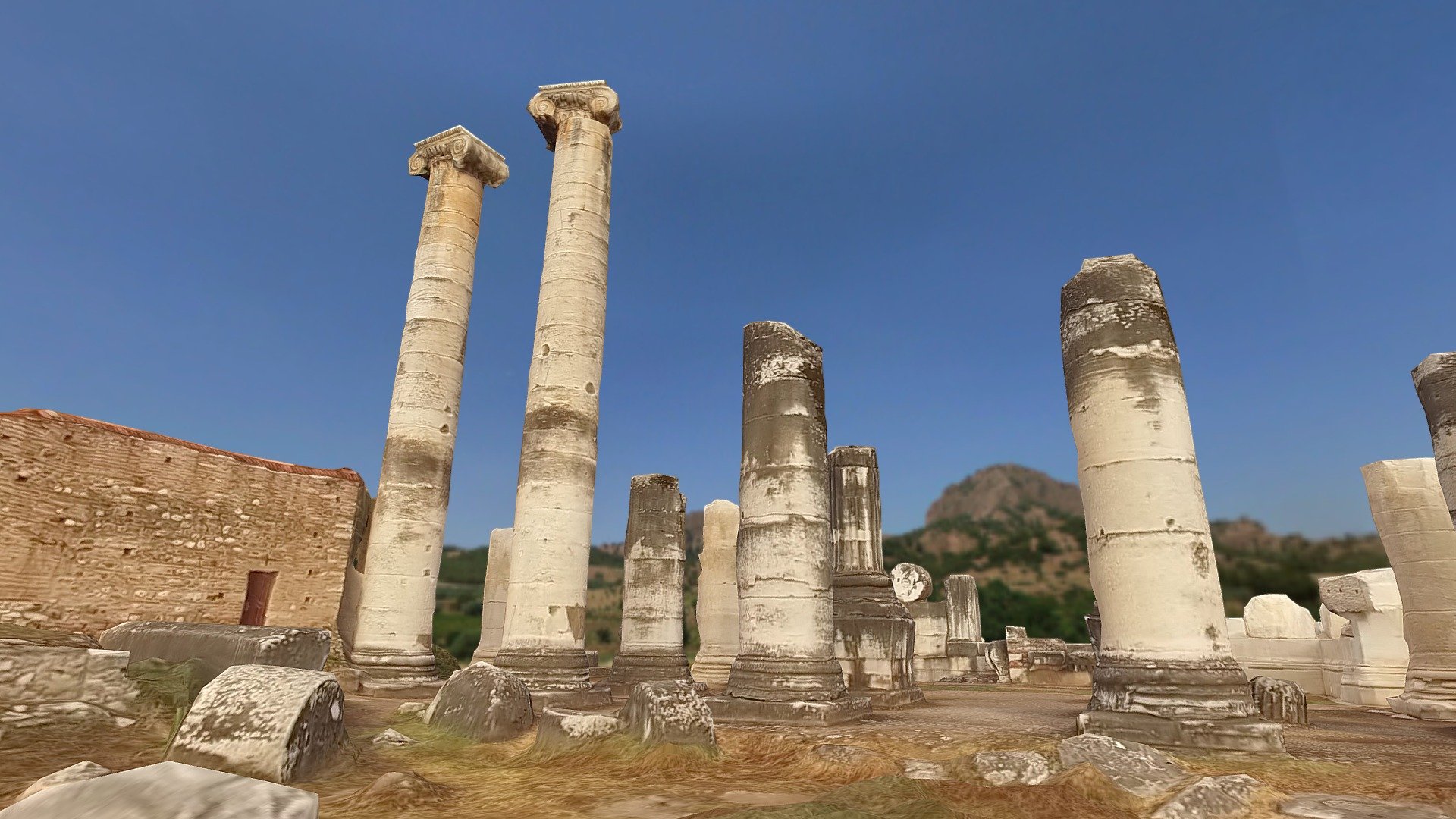 Videogrammetry reconstruction from youtube video.

The Temple of Artemis at Sardis, the fourth largest Ionic temple in the world, is situated dramatically on the western slopes of the Acropolis, below the mass of the Tmolus Mountains in a broad valley opening into the ancient Pactolus River bed. As with the other two Artemisions of Asia Minor, the great Archaic/Hellenistic temple at Ephesus and Hermogenes’ Temple of Artemis Leucophryene at Magnesia-on-the-Meander, the principal facade of the temple was toward the west. 

The area might have been sacred to Artemis from the earliest days onward as attested by a large Archaic altar of limestone blocks, located at the west end of the temple. 
Although the exact date of this altar (which was enlarged at a later period) is not certain, it is clear that the earlier structure predated the temple 3d model