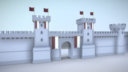 Modular Medieval Walls tower, torch, flag, medieval, walls, window, firepit, low, poly, door, wall
