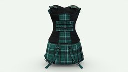 Female Strapless Punk Dress mini, punk, girls, clothes, skirt, dress, straps, realistic, real, buckles, womens, decorated, wear, pbr, low, poly, female, plaids, ruffled, strapless