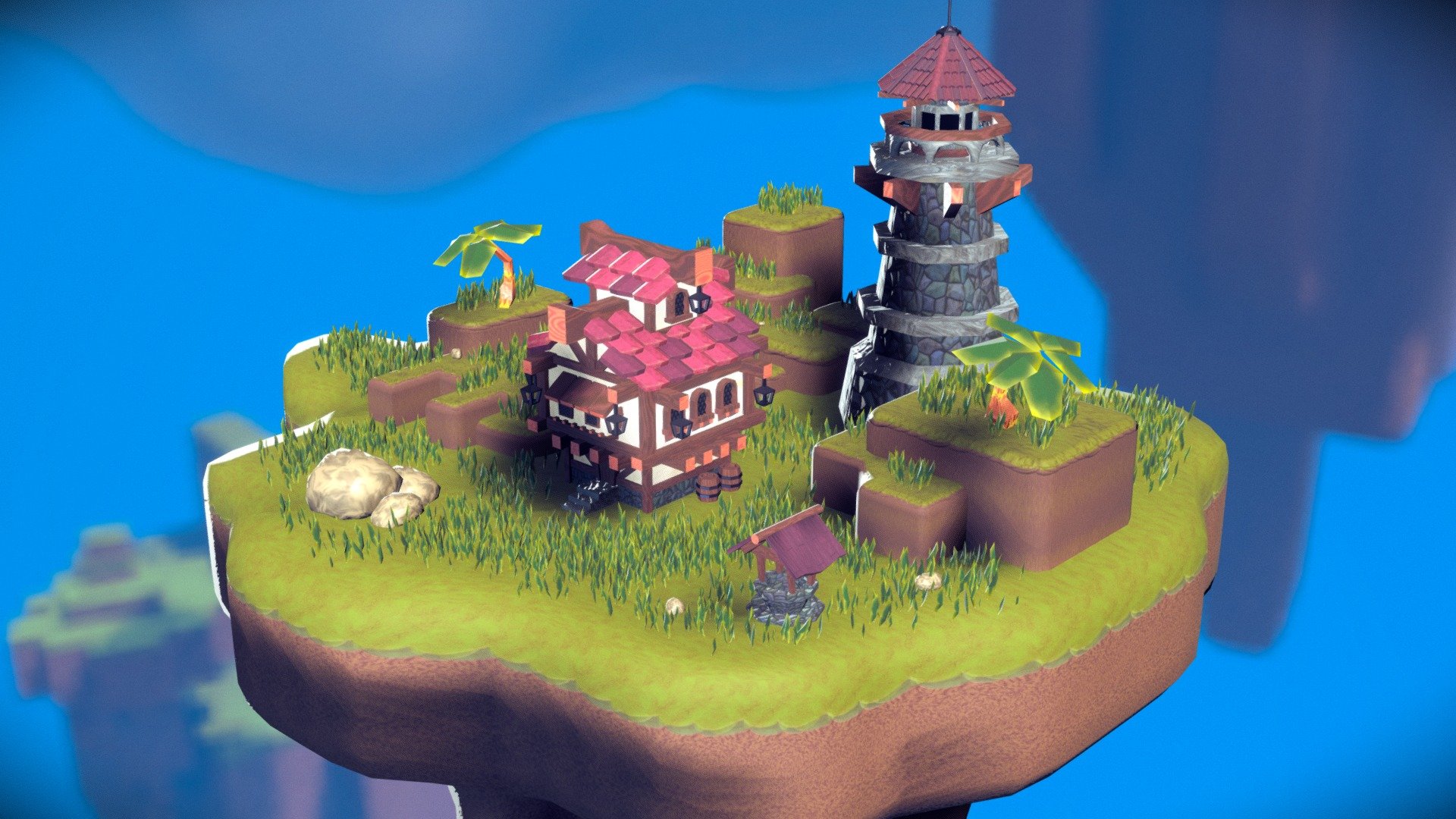 Fantasy house, well and lighthouse on floating island in the sky 3d model