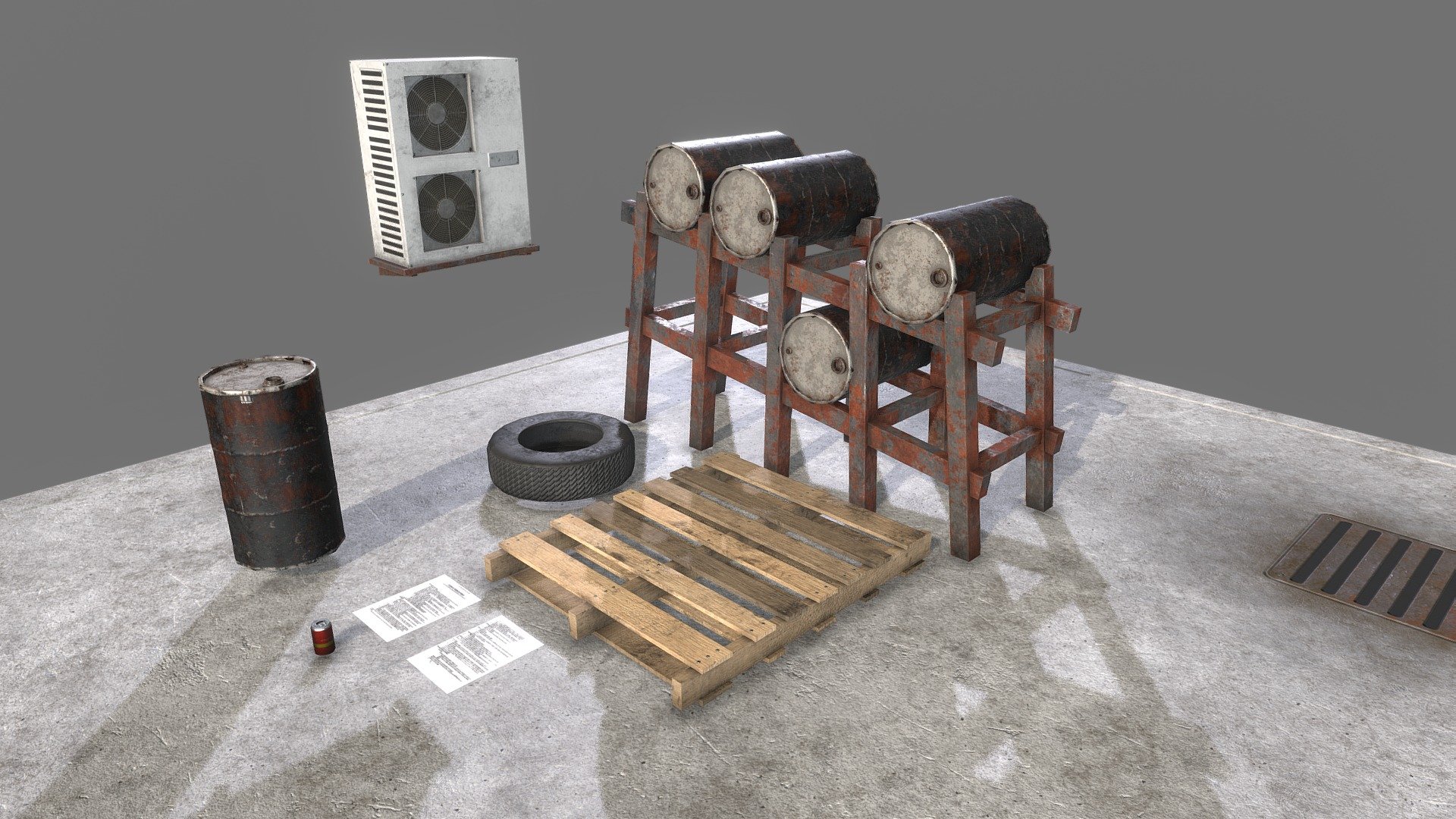 A Random Assortment of Abondoned Facory Assets I made for a Project. All assets are lowpoly enought to be game ready, and also have High Definition textures (4k and scaled down)

Assets:
1. Floor
2. Steel Barrel Holder
3. AC Unit
4. Pallet
5. Tire
6. Steel Drum Barrel
7. Beer Can
8. Papers (2 Version)

All Assets and Textures are available for Freeeeeeeeeeee. If wanted I also have extra Varieties of the Barrel Textures, the one Features is a standard blakc one but I also have Yellow and Red Toxic versions, and a Radioactive Waste Version as well.

Enyoy,
            Lum 3d model