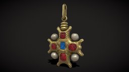 Gold Ruby Sapphire Pearl Cross Pendant jewellery, jewelry, viking, medieval, pendant, knot, vr, decor, models, plaque, interlocking, pendants, triquetra, trinket, byzantine, various, pbr, lowpoly, gold, interlinked