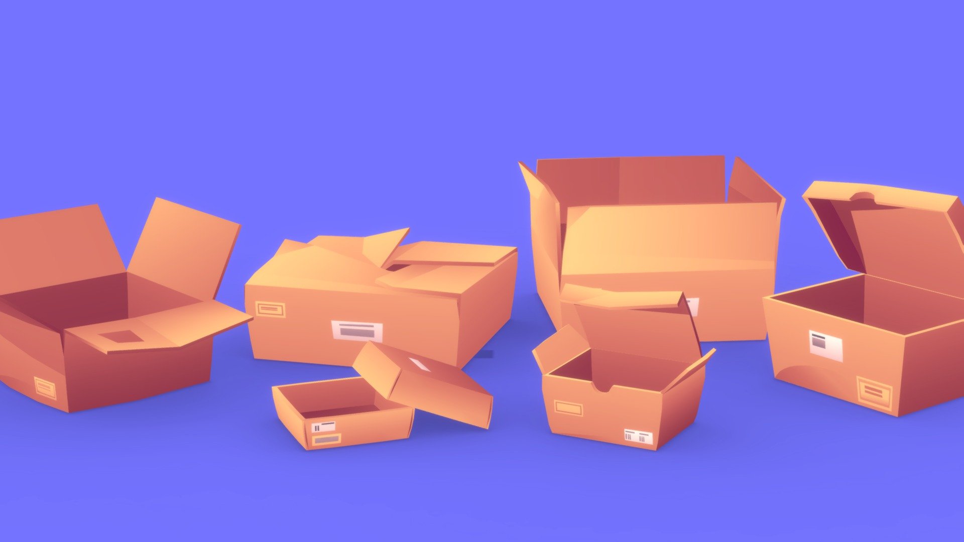 stylized cartoon boxes pack 

Textured with gradient atlas, so it is performant for mobile games and video games.

Like a few of my other assets
in the same style, it uses a single texture diffuse map and is mapped using only color gradients. 
All gradient textures can be extended and combined to a large atlas.

There are more assets in this style to add to your game scene or environment. Check out my sale.

If you want to change the colors of the assets, you just need to move the UVs on the atlas to a different gradient.
Or contact me for changes, for a small fee.

I also accept freelance jobs. Do not hesitate to write me. 

*-------------Terms of Use--------------

Commercial use of the assets  provided is permitted but cannot be included in an asset pack or sold at any sort of asset/resource marketplace.* - Stylized Boxes Pack - Buy Royalty Free 3D model by Stylized Box (@Stylized_Box) 3d model