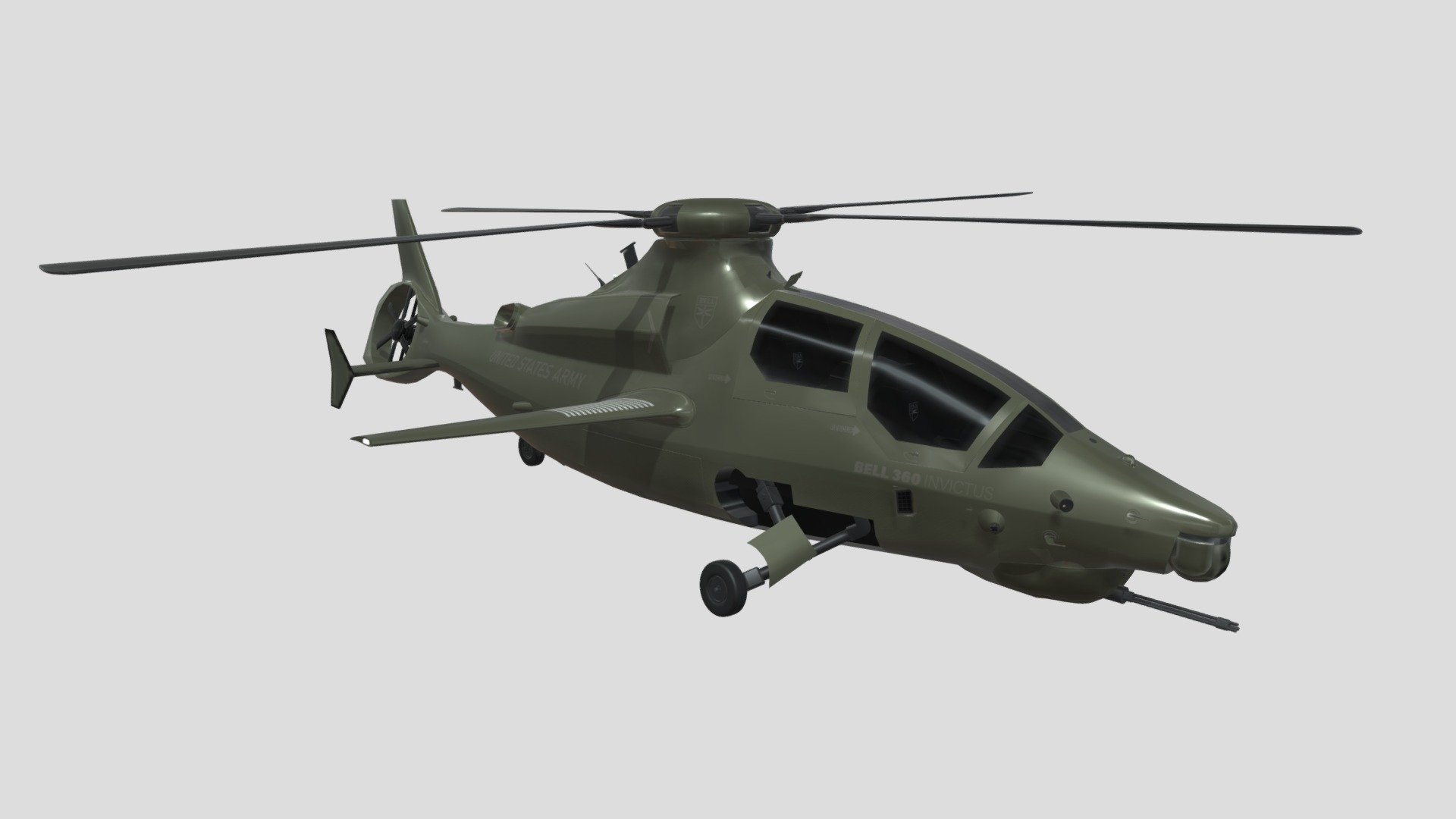 BELL 360 INVICTUS

The Bell 360 Invictus was a proposed helicopter design intended to meet the United States Army requirement for a Future Attack Reconnaissance Aircraft.

Includes:




The Bell 360 Invictus helicopter model.

Model Textures.

Polygons: 48,871
Vertices:  55,846

Textures size - 4096 x 4096
Texture map types:




Base Color

Normal

Roughness

Metallic

Emissive
 - BELL 360 INVICTUS - 3D model by Monnapse 3d model