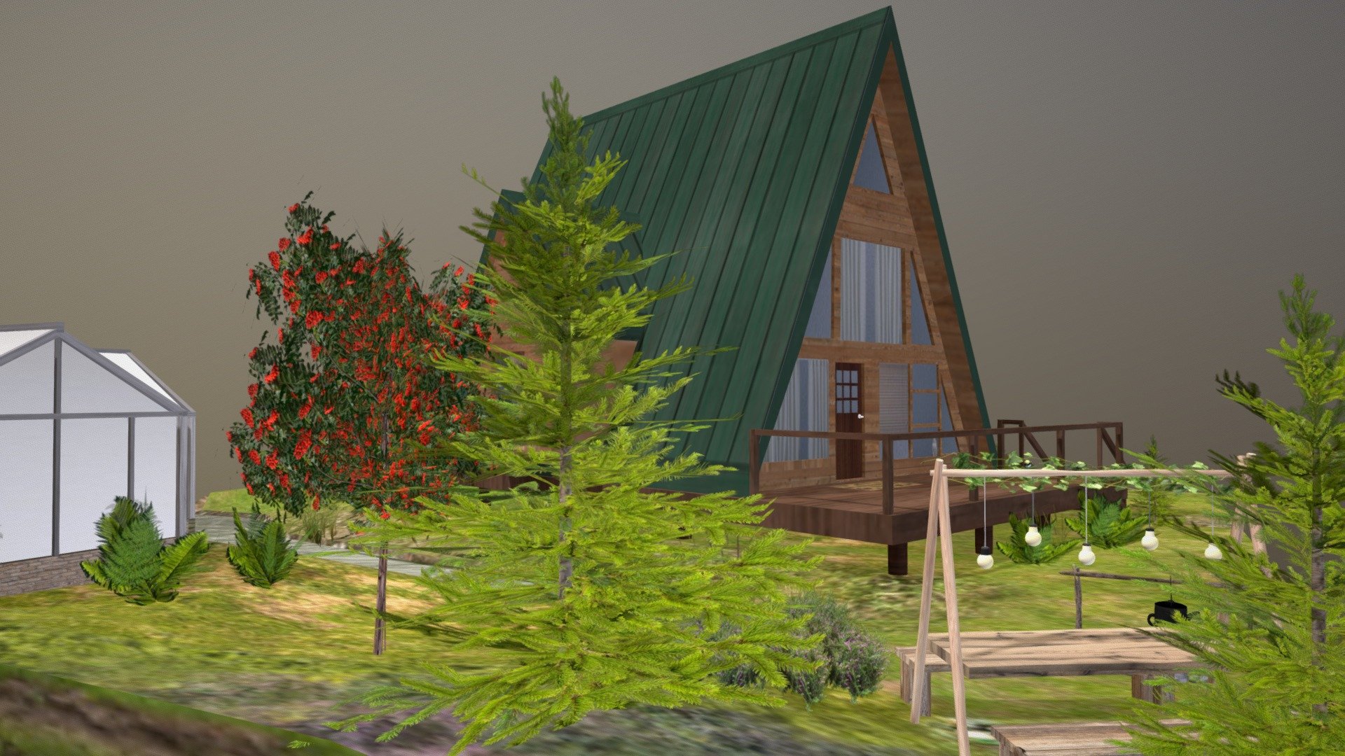 Welcome to the eco-house at the edge of the pine forest!
It is a quiet and secluded place where you can enjoy the inland life and live in harmony with nature. Blueberries and heather grow on the site, and thick fir trees drown out the noise of roads in the distance and hide your life from prying eyes - so you can have rest in sauna, and then dive into the lake right on the site, without fear that someone will peep. And after that - drink tea prepared on a fire and enjoy vegetables from your own greenhouse - DAE diorama - Eco house - 3D model by Anastasiia Sedova (@anastasiia_sedova) 3d model