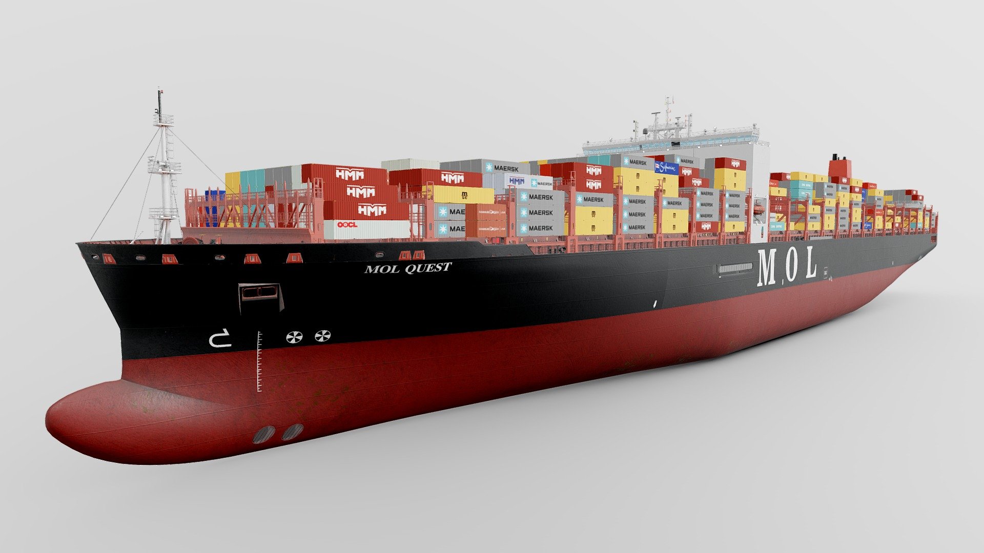 Highly detailed container ship model.
For distant and close angles.
For visualization of animations and games.
The Model has an original size.
Each container can be removed by creating a different ship loading.
Model formats: .max (3ds Max 2016 VRay)
.fbx (Multi Format)
*.ma (Maya 2018)
Made in 3ds Max 2016 using vray 3.20.03,
Maya (studio environment is not included in the set).
Blender 3.2.2
Type Container ship
Tonnage 169.423 GT
Length 397 m
Draft 16
DWT : 150936 - MOL Container Ship Quest - Buy Royalty Free 3D model by IgYerm (@IgorYerm) 3d model