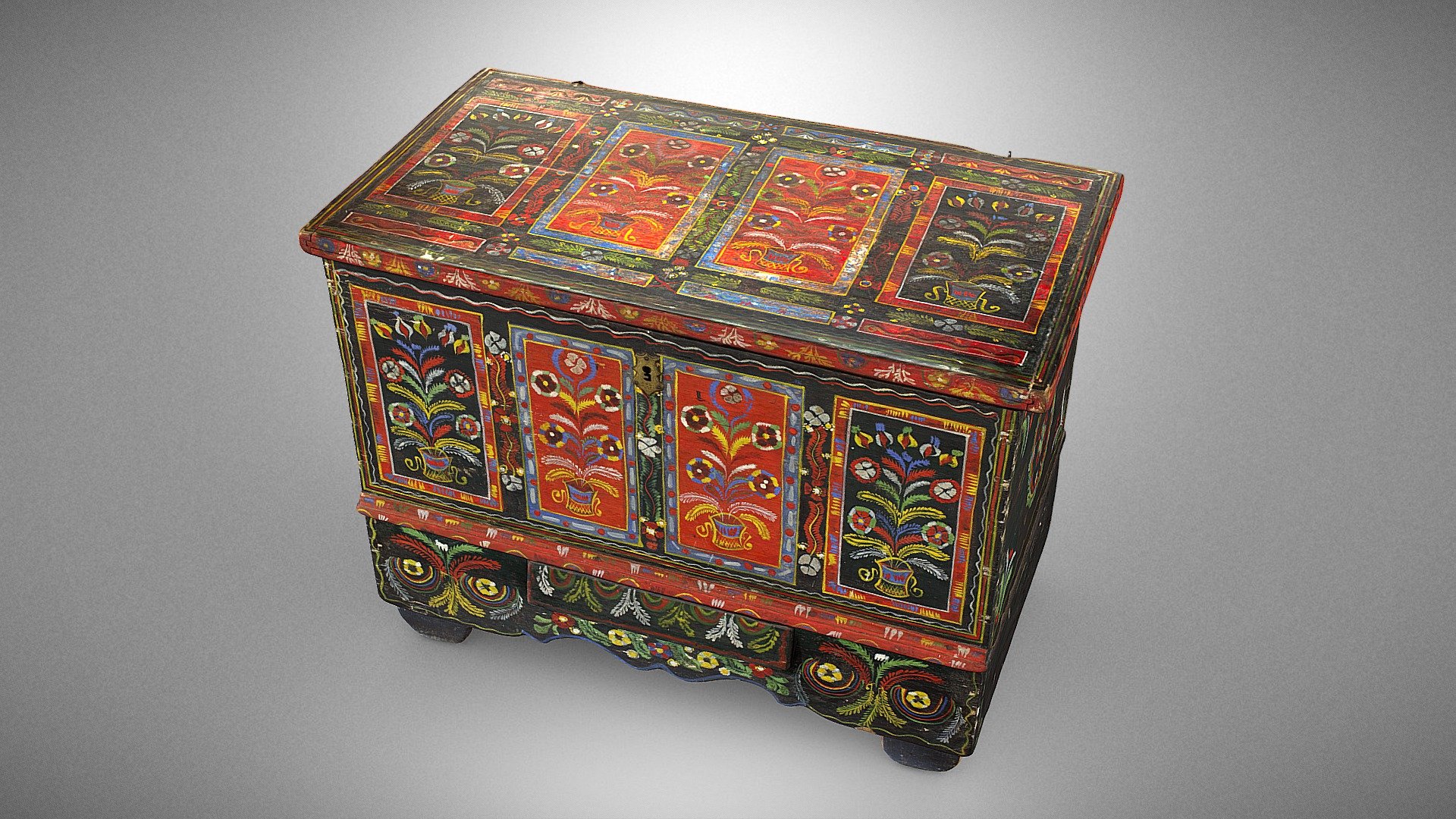 Dowry chest

1893, Rudawa, Poland

A painted wooden chest in a Skawina style. Painting techniques and ornamentation types were passed on from generation to generation. Sometimes, carpenters were not the creators of the painting decorations but their wives or daughters.

The dowry chest was an element of traditional equipment of a bride which she brought to a new household. They were usually placed opposite the entrance, in a visible place. A large painted chest was something to be proud of. After some time, they were moved to a less visible place.

For more images and further information, visit: 
https://muzea.malopolska.pl/en/objects-list/739

Inventory number: MNPE/E/270

Vistula Ethnographic Park Museum in Wygiełzów and Lipowiec Castle

Digitisation: Regional Digitisation Lab, Małopolska Institute of Culture in Kraków, Poland; “Virtual Museums of Małopolska” Project - Dowry chest - Download Free 3D model by Virtual Museums of Małopolska (@WirtualneMuzeaMalopolski) 3d model