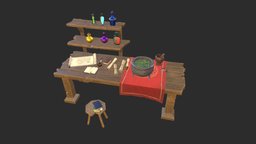 Stylized Alchemist set 3D Model Collection wizard, set, laboratory, ink, collection, scrolls, alchemist, kettle, science, diary, sorcerer, workspace, magician, chiken, mortar, spells, flasks, book, game, lowpoly, stylized