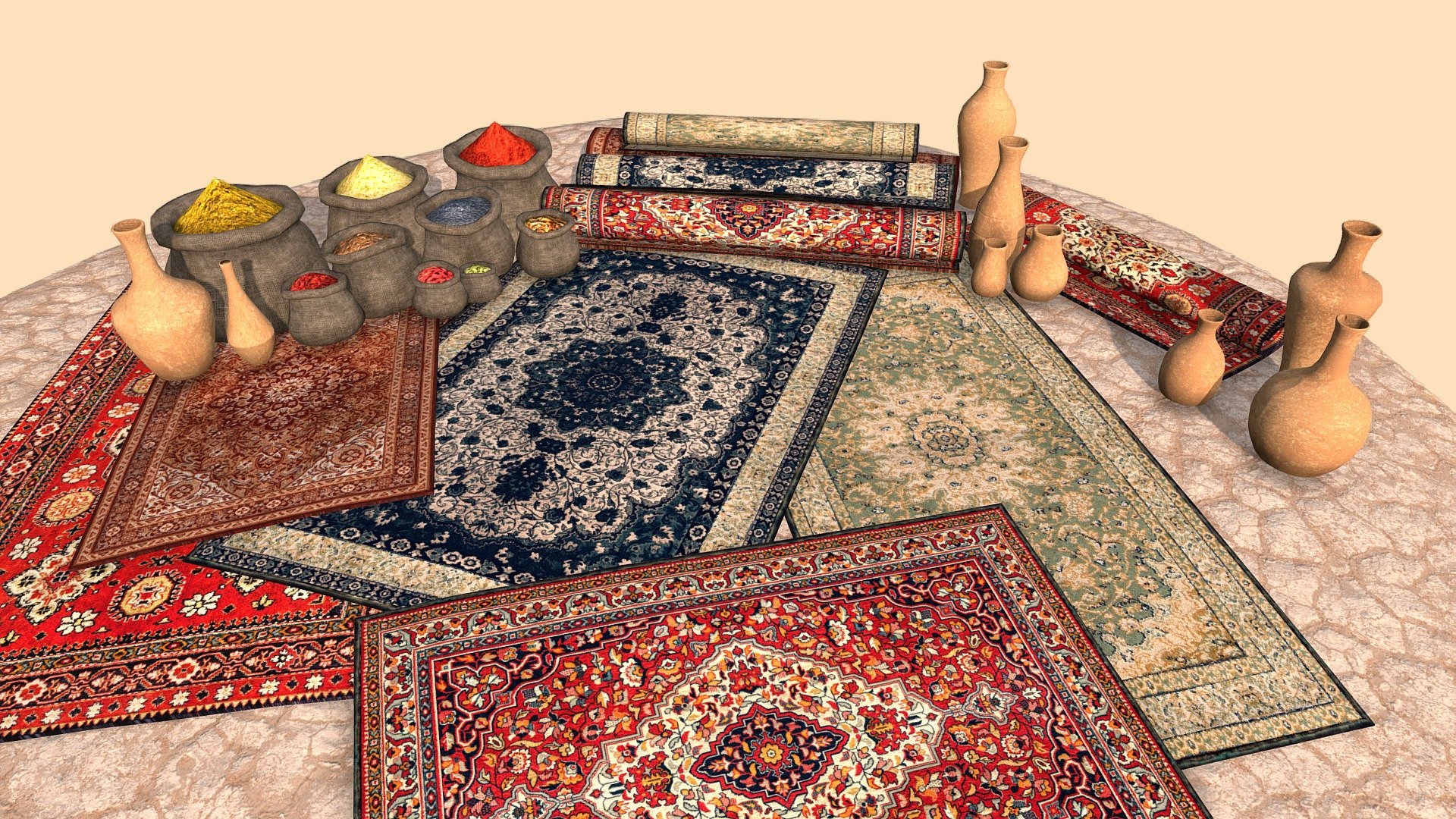 A collection on props for a work-in-progress ancient Arabian inspired bazaar scene 3d model