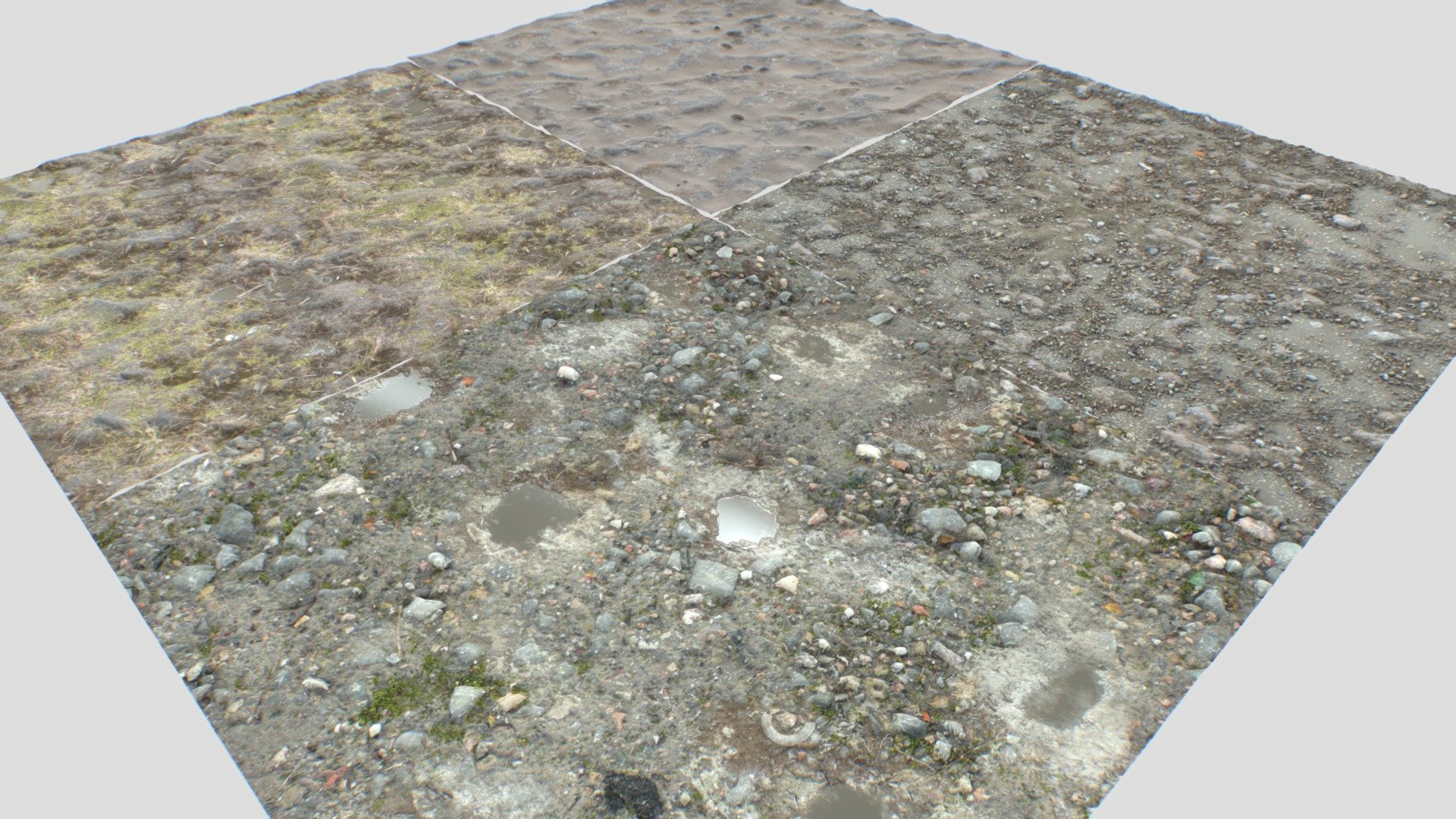 096x4096px size with Albedo, Normal, Displacement, Roughness, Metalness, AO. PNG seamless textures.

Textures consist in a mix of sand, soil, puddles, rocks and mud terrain textures.

All ready for tessellation shaders.

Suitable for forests, construction sites, mountain, wasteland, beaches, caves, mines, etc&hellip; - Dirt Terrain PBR Pack 17 Textures - Buy Royalty Free 3D model by 32cm 3d model