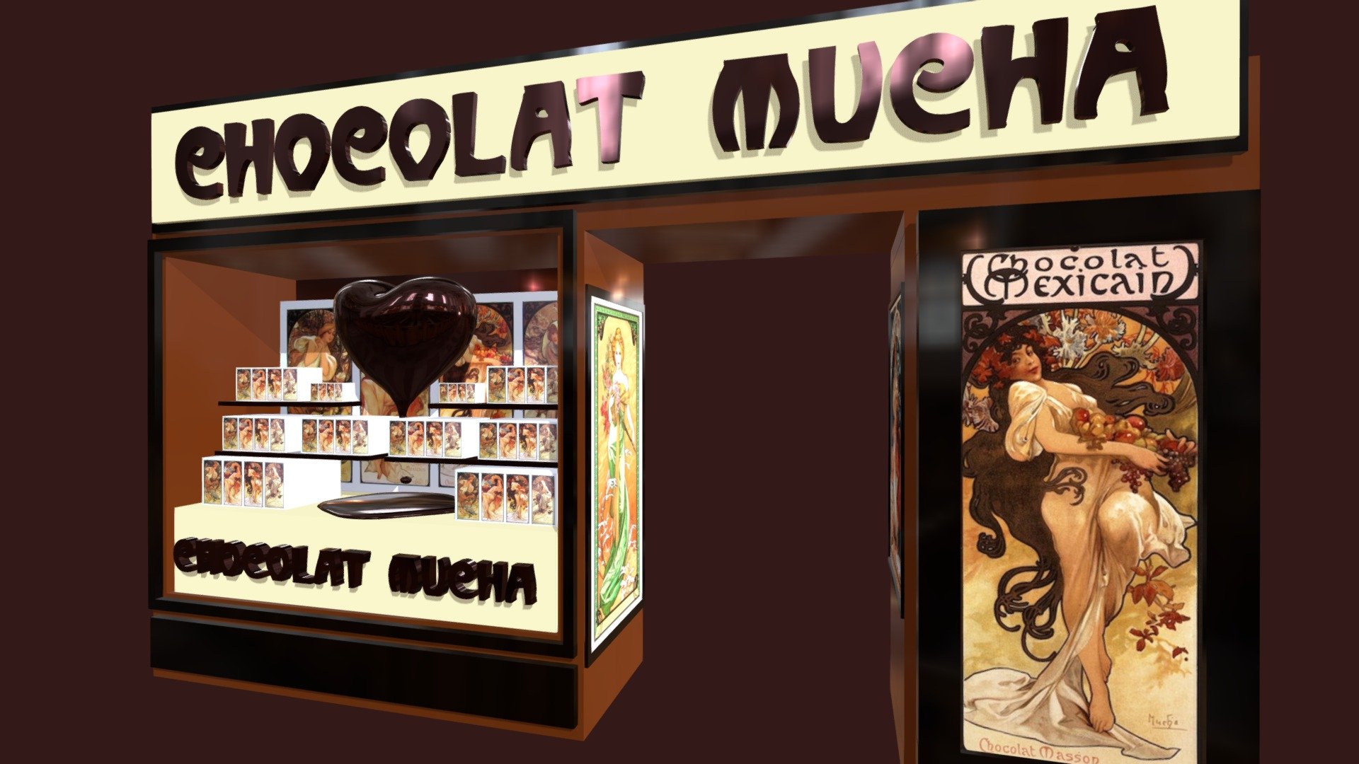 Mucha Chocolat storefront (escaparate)
Alphonse Mucha::  https://es.wikipedia.org/wiki/Alfons_Mucha
Melting heart by Johana-PS: https://sketchfab.com/3d-models/melting-heart-49c156c8f26f41539a796fe450bbeccc - Mucha Chocolat storefront (escaparate) - Download Free 3D model by vmmaniac 3d model