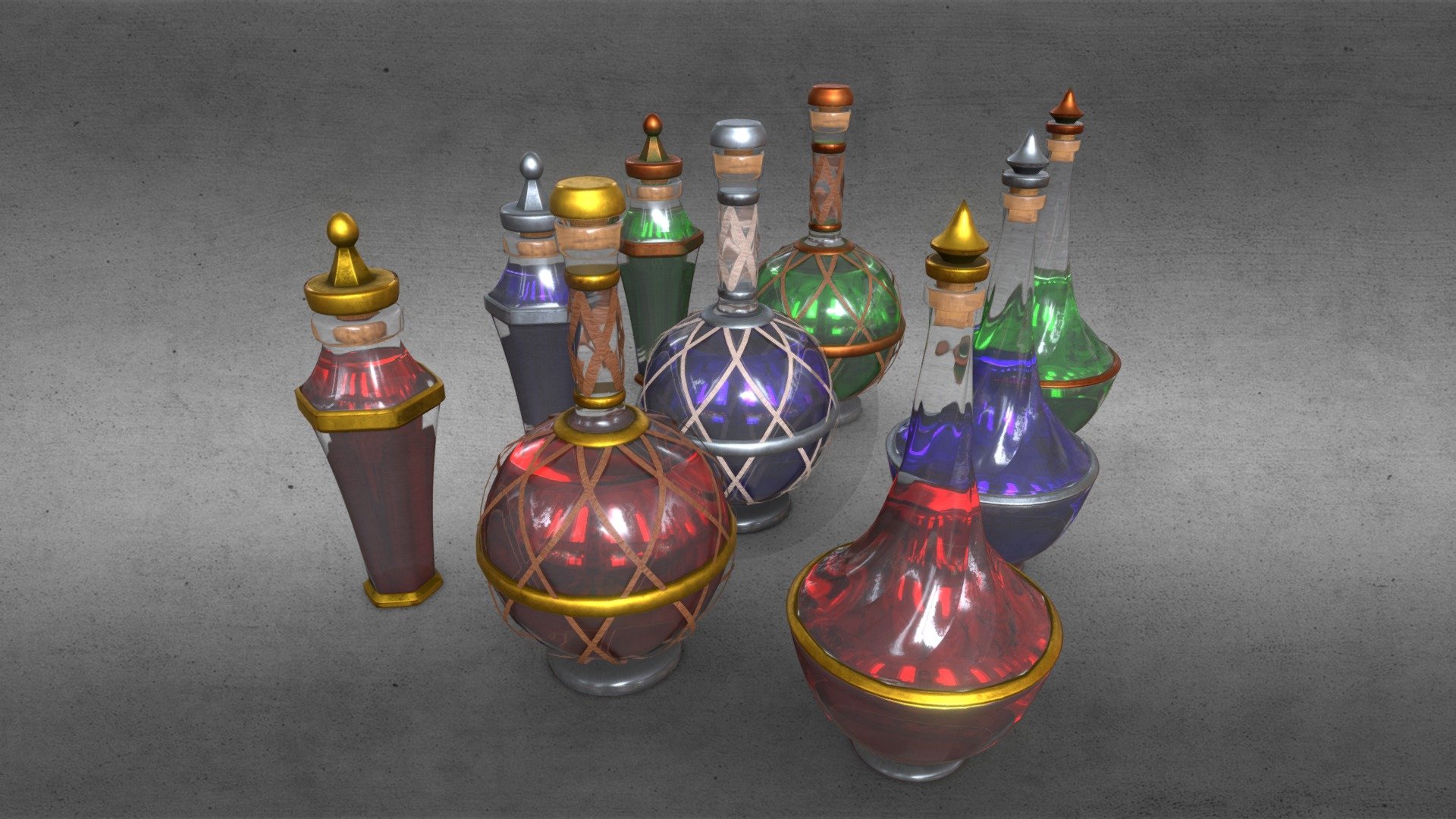 Low poly PBR 29 piece set of potions with variants.

Features:




Including three size variants,

Including three color variants

Great for renders as well as game assets

For support or other information please send us an e-mail at info@sunbox.games

Check out our other work at sunbox.games - Potions - Health Mana Strength 9 Piece Set - Buy Royalty Free 3D model by Sunbox Games (@sunboxgames) 3d model