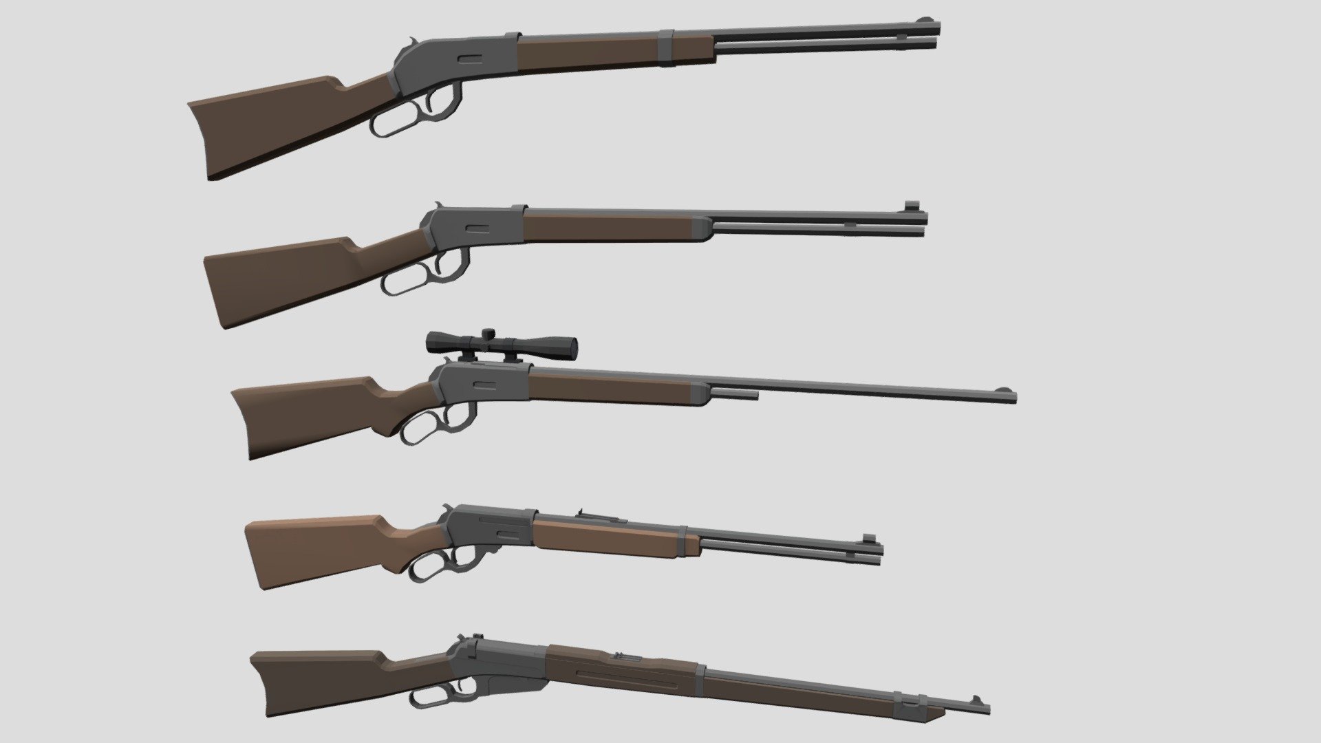 Lever action rifles become popular in the 19th century as weapons that could easily fire multiple rounds before reloading as a major advantage over rifles of the time. They are equally popular in media whether it is being centered on major western settings or as a classic firearm. The weapons displayed here are the Winchester 1873, Winchester 1892, Winchester 1964, Marlin 336, and the Winchester 1895 3d model