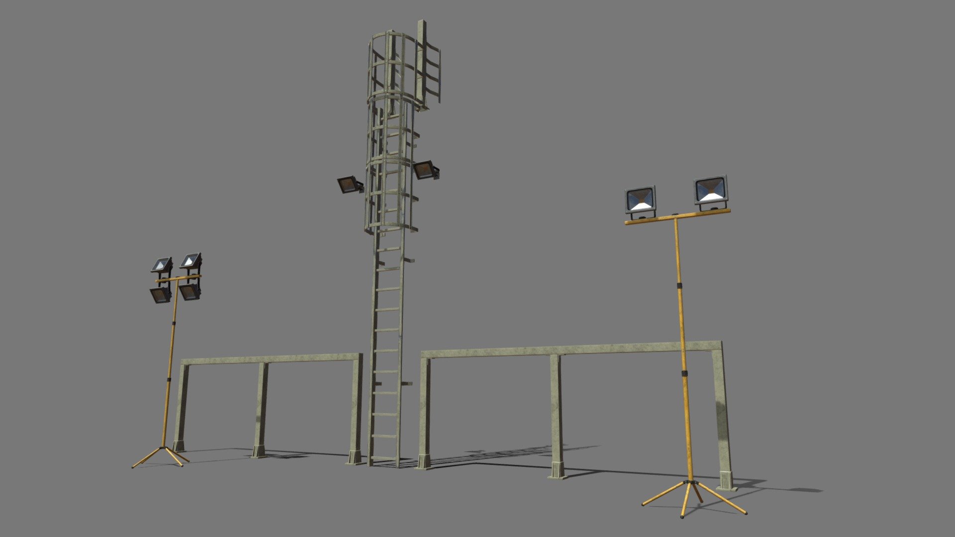 Here is a building kit for some worksite wall ladders and railings as well as some floodlight I created as part of my final major university game project called Carnage.

This version is to demonstrate how they are set up, there is another version that just shows the kit components 3d model