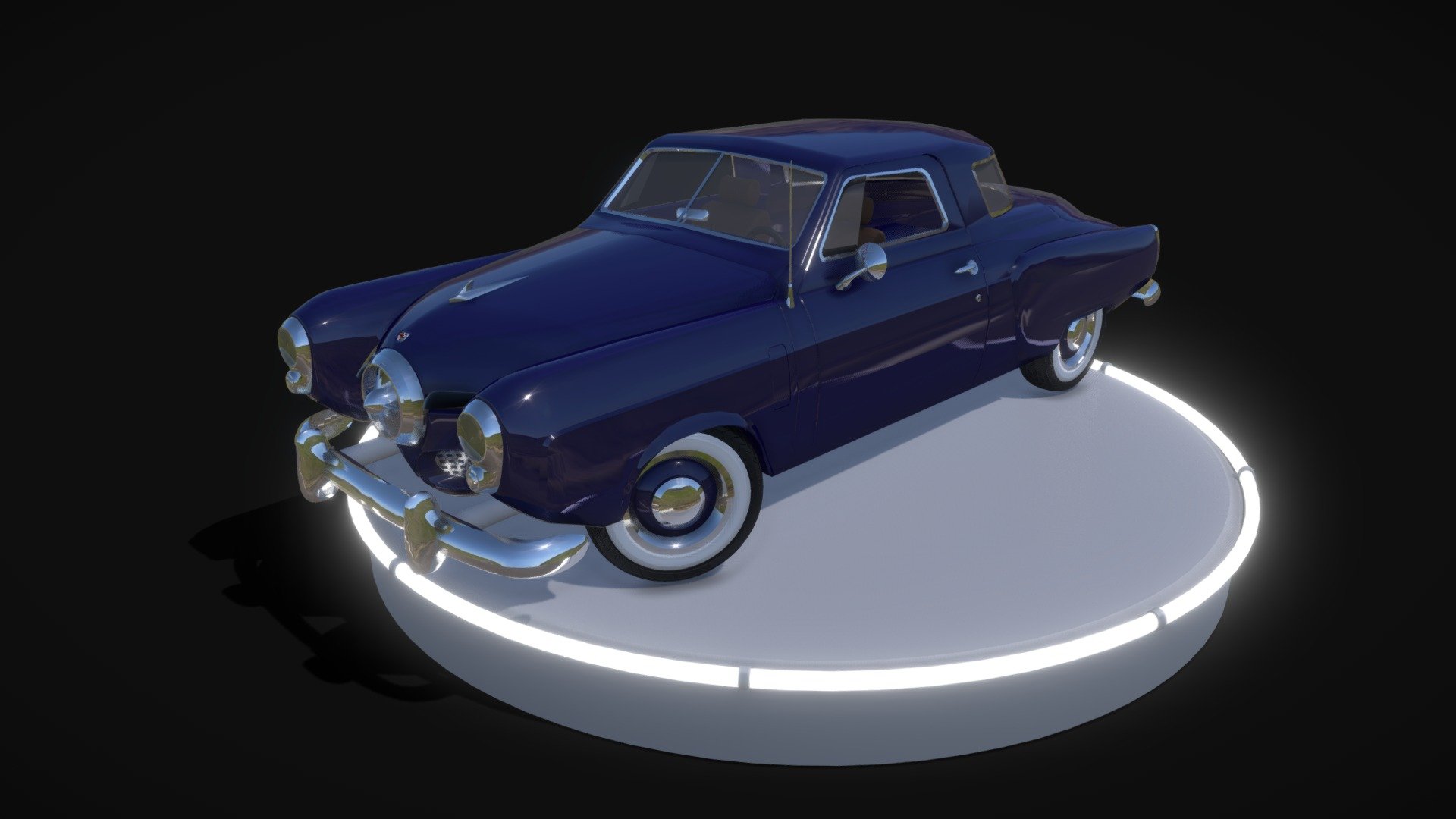 An old-fashioned type car, A 1951 Bullet-Nose Starlight Coupe Studebaker. Simplistic interior but highly realistic exterior. Wheel meshes are seperate and spinnable 3d model
