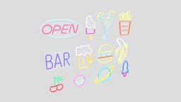 Neon Sign Pack 3 bar, lamp, drink, food, fruit, led, universe, fiction, cherry, future, exterior, club, shopping, ufo, market, sun, beer, stars, hamburger, fastfood, astro, outer, alien, glow, fries, signboard, lightning, lowpoly, scifi, futuristic, ship, street, space