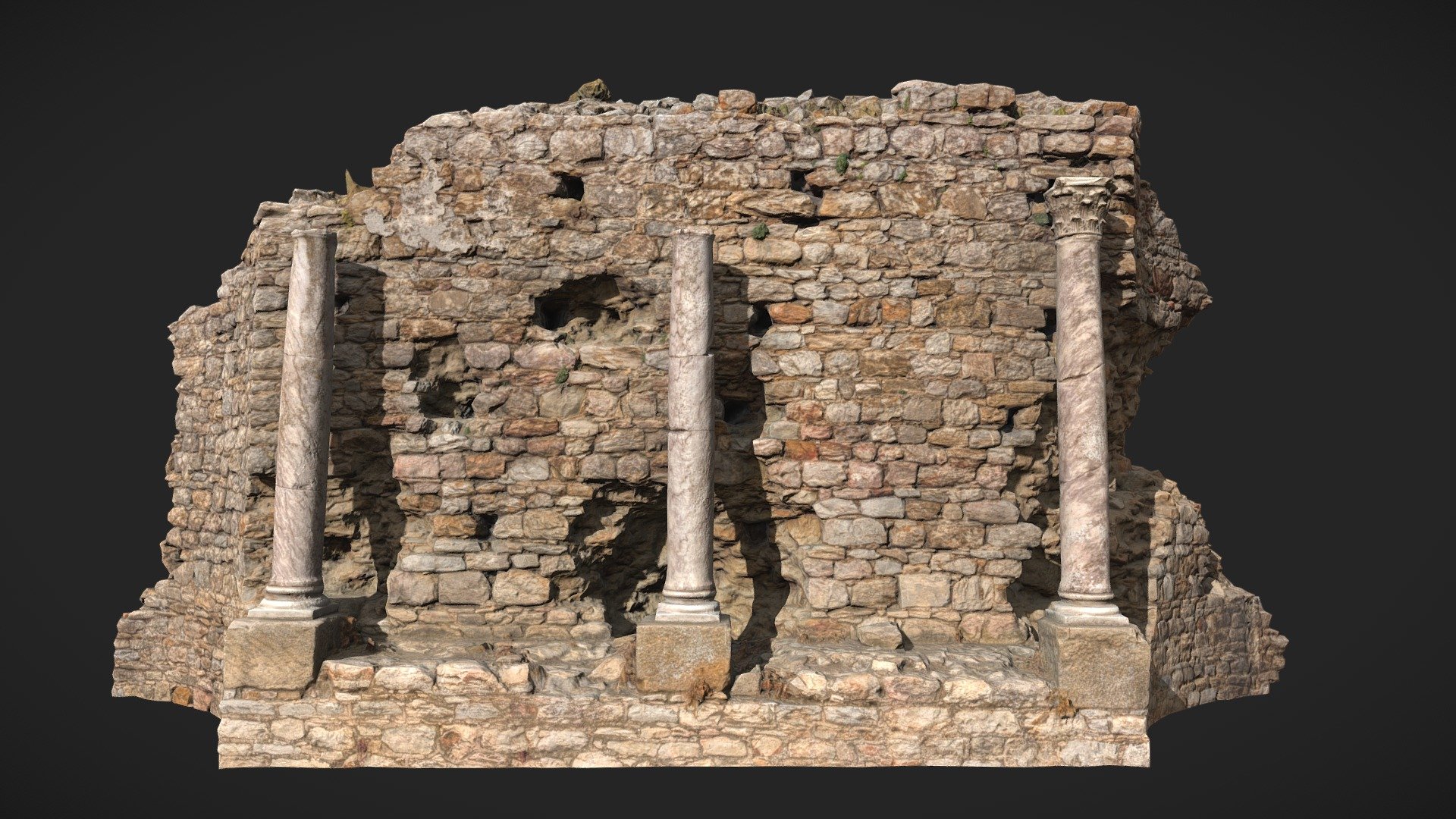 A part of a old roman colosseum. Scanned in the south of Spain.

This is the one model of three wall pieces I've scanned from the colosseum.

Captured in neutral lighting conditions. Feel free to rotate the lights.

**Stone bridge scan with 8K PBR textures: **




Albedo

Normal

Roughness

Displacement

Ambient Occlusion (4K)

Rendered in Cycles with displacement + adaptive subdivions:


Additional Files contain:




blender source file + packed textures

.fbx

.obj

textures

Please let me know if something is not working as it should.

Realistic Castle Wall Ruin Scan - Castle Wall Ruin Scan 02 - Buy Royalty Free 3D model by Per's Scan Collection (@perz_scans) 3d model
