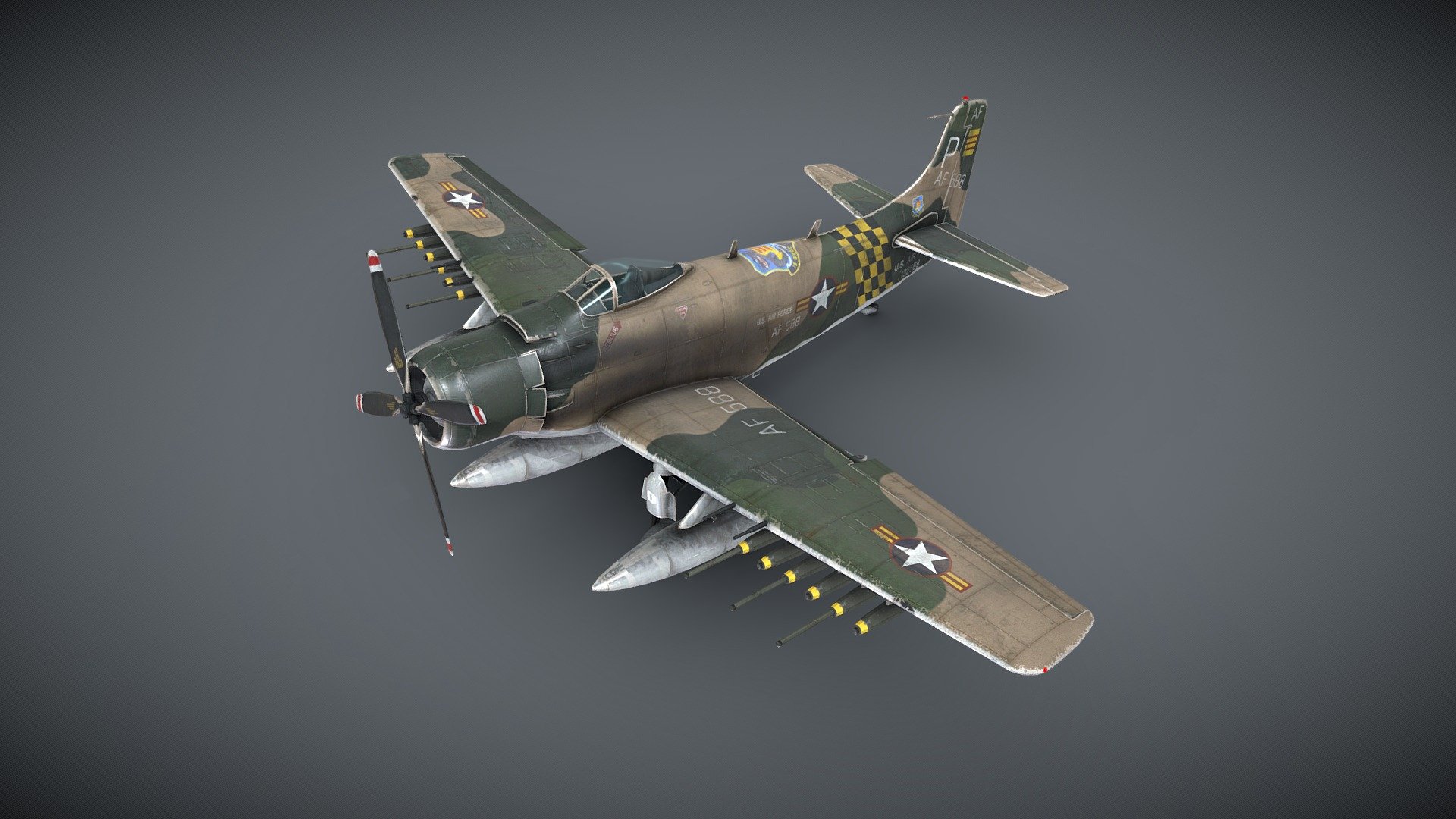 Douglas A-1 Skyraider (514th squadron)




Created in 3ds MAX 2018 no plugins used.

Low-poly (13959 Tris) ready to use in Games, AR/VR

Textures are in PNG format 4096x4096 PBR metalness 1 set .

Available formats:MAX 2018 and 2015, OBJ, MTL, FBX, .tbscene.

Files unit: Centimeters

If you need any other file format you can always request it.

All formats include materials and textures.
 - Douglas A-1 Skyraider - Buy Royalty Free 3D model by MaX3Dd 3d model