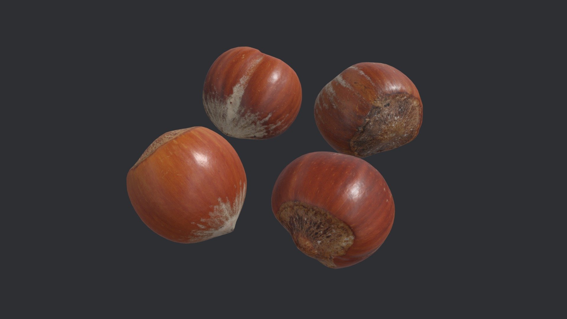 $ individual photogrammetry models of an unshelled hazelnuts.

Each model has three base levels of detail, optimized into uniform triangles with clean UVs.

Lod 1 = 32,000 tris,

Lod 2 = 2,000 tris,

Lod 3 = 500 tris.

Models have 4K PNG textures (Albedo, Normal, Roughness and Gloss). All levels of detail share the same textures except for the Normal, where each LOD has a unique Normal map.

Lod 2 used for 3D preview with 1K JPG textures.

Real world scale 3d model