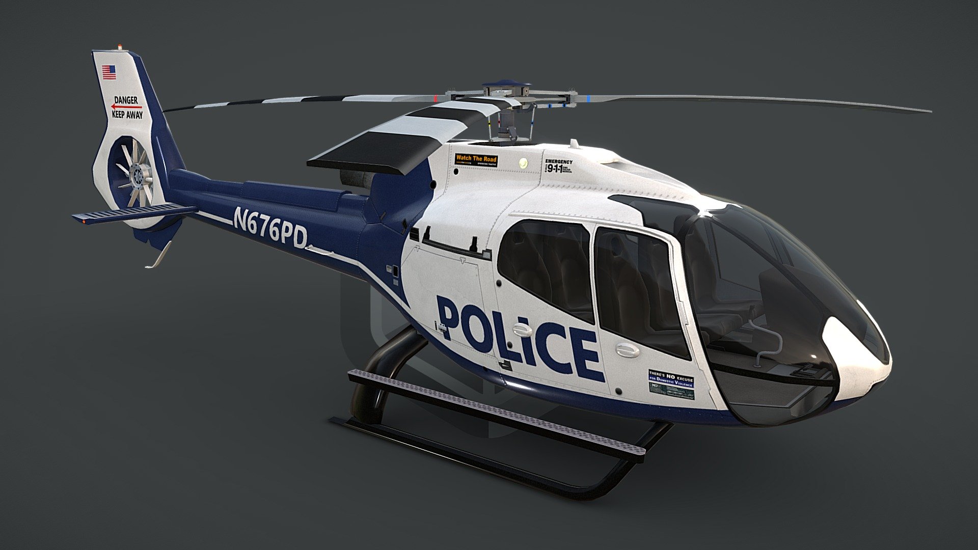 game ready, realtime optimized game asset

unique livery and branding

both PBR workflows ready

LOD0 is HQ lowpoly with bended top rotor, all lights objects and interior

LOD0 19710 tris, LOD1 10462 tris, LOD2 7388 tris, LOD3 5990 tris

100% triangulated and 100% unwrapped non-overlapping

5 x uv layouts, body, HQ rotors, LQ rotors, interior, lights

made using blueprints, real world scale meters

all rotors detached and animable in each LOD with properly placed pivots for flawless animations

hideable capsule built interior that fits perfectly the body

interior is simple but a great basis for further elaboration

big textures pack with native 4096 x 4096 px textures for body, rotors, interior

LOD3 rotors have own textures with blades on alpha channel

light objects have own, small, textures, and contain an emission map

pack contains native .max scene, created in 3dsmax 2014

pack contains clean and flawless FBX and OBJ files

each LOD and all LOD together exported in each file format
 - Police Helicopter EC130-H130 Livery 7 - Buy Royalty Free 3D model by CGAmp 3d model