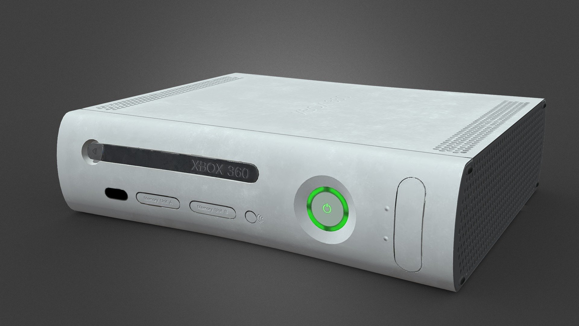 This is a Model of the original XBOX 360 released on November 22nd 2005 and does not contain the installable hard drive at the top of the console.

This model was created in Blender and textured in Substance Painter. I first created a high poly model of the Xbox adding in the circular vents into the mesh. I then moved to making the low poly version removing unnessesary vertices so the details can be baked later. I kept the indets of the power button, disk drive and back sockets as they were far too promminant to be baked to an effective and visual standard.

Additional Files
* Final model
* Blender File
* Textures for Sketchfab, Unity and Blender
* Substance painter file
* High/low-poly used for baking
This will allow you to edit the model or textures if needed 3d model