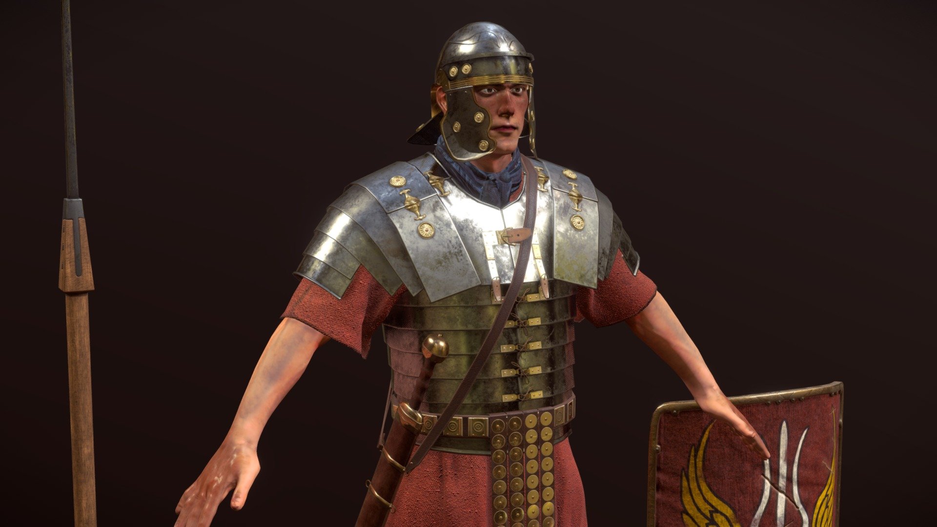 High quality Low poly 3d model of an 1st Century Roman Legionary. The model is accurately modeled in high poly using marvellous designer and then fixed in Blender. The textures are made in Substance Painter. THE MODEL IS PROVIDED WITH A MIXAMO RIG AND MIXAMO ANIMATIONS. THE RIG IS MADE [FOR] BLENDER AND MAY NOT WORK WITH OTHER SOFTWARE. You can use all animations from action editor in Blender. All the proportions are based on the model of 1,80-meter man. All the textures are provided in 4K Resolution.

included :
* Lorica Segmentata
* Tunic
* Galea Helmet
* Gladius
* Pilum (Spear)
* Scutum (Shield)
* Caligae
* 4K Textures

Animations:
* Idle
* Walk
* Run
* Slash
* Impact - ROMAN LEGIONARY RIGGED-ANIMATED - 3D model by Moony_State 3d model