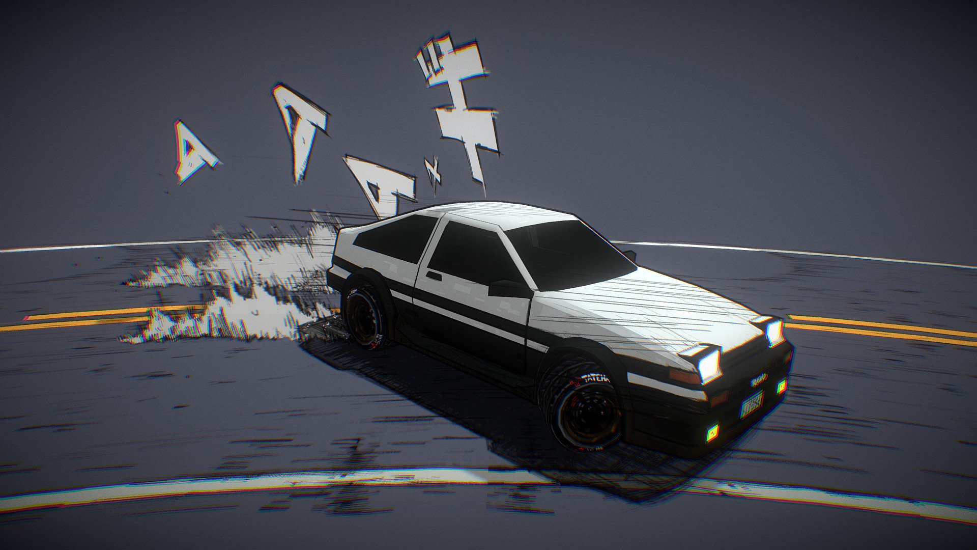 Here is a Toyota AE86 Trueno in the middle of a Drift.

This is my take on Initial D from which this model is obviously inspired.

I wanted to get closer to a NPR/Sketchy/Manga look and I'm pretty happy with the result.

I hope you like it!

This scene was made for the #SketchfabWeeklyChallenge

Edit :  This is the original version I made for the Challenge. I made a slowmotion animated version afterwards, which you can find here : https://skfb.ly/ozKon - Drifting AE86 - 3D model by FoG Ryû (@FoGRyu) 3d model