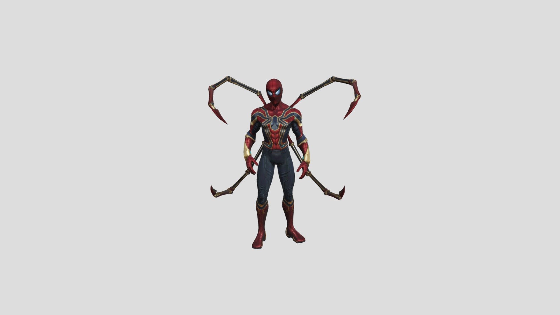 The Iron Spider Armor, listed as Item 17A of the Avengers Compound, is an armored version of the Spider-Man Suit comprised of nanotechnology. It was created by Tony Stark for Peter Parker to use as an Avenger, offered to him in 2016 after he prevented Vulture from stealing from a Stark Cargo Plane. After initially rejecting the suit, Spider-Man was given the suit two years later during the Infinity War, using it to survive in space and fight Thanos on Titan. The suit, along with Spider-Man, was turned to dust during the Snap, although it was restored when Parker was resurrected by Hulk in 2023 and was used to fight the Outriders during the Battle of Earth. 
In 2024, Spider-Man used the armor to subdue members of the Manfredi Crime Family. Months later, he used it to fight Doctor Octopus, who used his tentacles to remove a chunk of the armor and transfer its nanites onto his tentacles. After repairing Doctor Octopus' - Iron Spiderman - 3D model by RockStudio 3d model