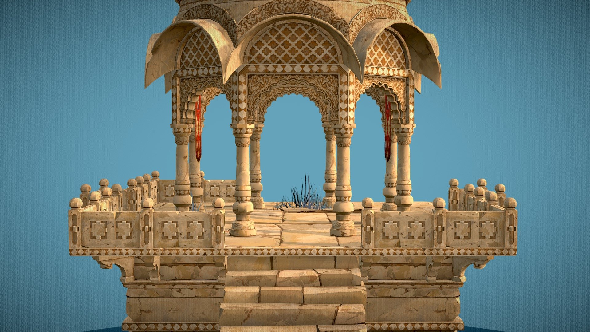 A diorama of an indian temple. Made in blender and renderer initially with Unity HDRP.

Go to artstation to see a breakdown &amp; nice shaders: https://www.artstation.com/artwork/L3ADlR

My Twitter thread explaining how I modeled and textured the stairs: https://twitter.com/CharlesBoury/status/1437720437505527808?s=20&amp;t=R2_ZZyALyD1XTB4-PX37YQ - Indian Temple - 3D model by Charles Boury (@boury.charles) 3d model