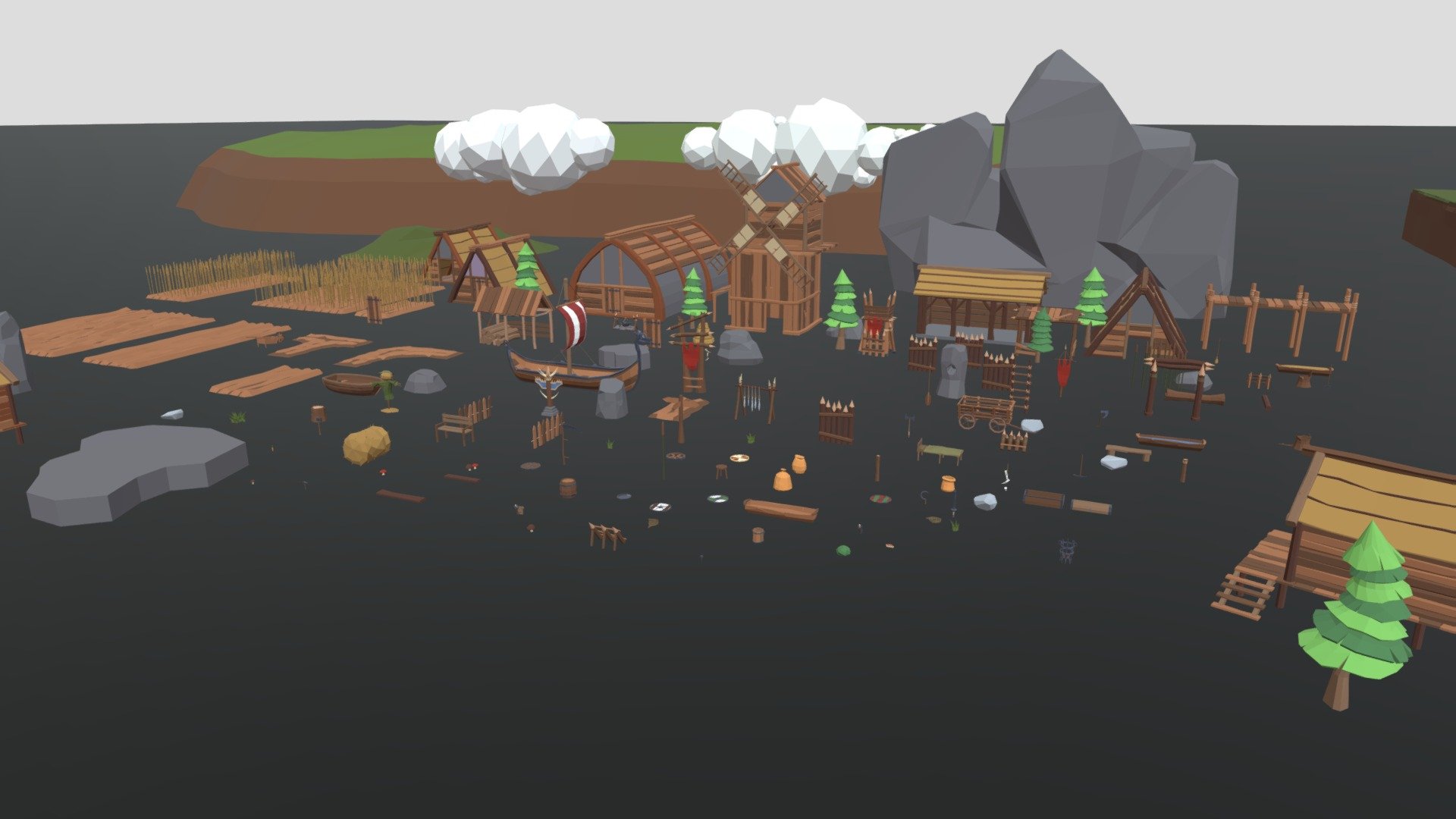 Low Poly - RG Medival Village
An Epic Low Poly asset pack of trees, buildings, rocks, tools, weapons, props, and others Environment assets to create a medievalvillage themed polygonal style game. You no longer need to browse the store for individual 3d models, only with this one pack alone you can build an amazing levels UNITY/FBX/OBJ/BLEND

UNITY:

-2 Scenes: Overview and Demo Scene like on the video
- 1 script: for rotating the windmill turbine
- 18 Materials: 1 main color material with atlas texture, 1 floor material, 2 metalic materials and 14 simple standard diffuse materials
- 3 Textures : 1 atlas texture 64x64, 2 floor textures 1920 x 1080
- 135 unique prefabs:

FBX/OBJ/BLEND:
contains 135 models

3 materials
2 textures 
each model has 2 uv maps, the first for coloring, the second lightmap
- does not include scene demo - Medieval Village Megapack Low Poly RG - Buy Royalty Free 3D model by RGPoly 3d model