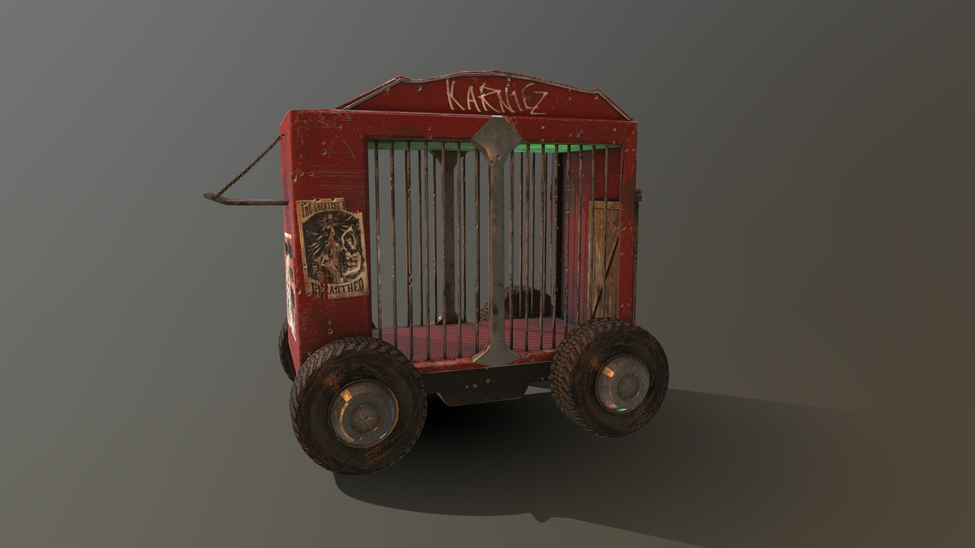 An old circus wagon repurposed by the killer clown gang, the Karniez. Combat is a guarantee whenever they venture out; their wagon has a long history, but despite being riddled with bullet holes and the engine being operated by a crank, the Karniez wagon is very sturdy.

Model and UVs in Maya, texture in Substance Painter with open source posters and alphas drawn in Clip Studio Paint 3d model